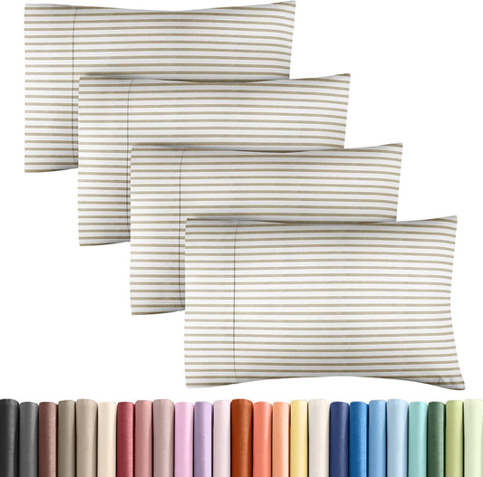 King Pillow Cases Set of 4 - Ultra Soft Hotel Quality Pillowcase Covers - Comfy, Cozy & Wrinkle Free - Shrinkage and Fade Resistant - Machine Washable Pillow Protectors - 4 Piece Set - Beige Stripes 2
