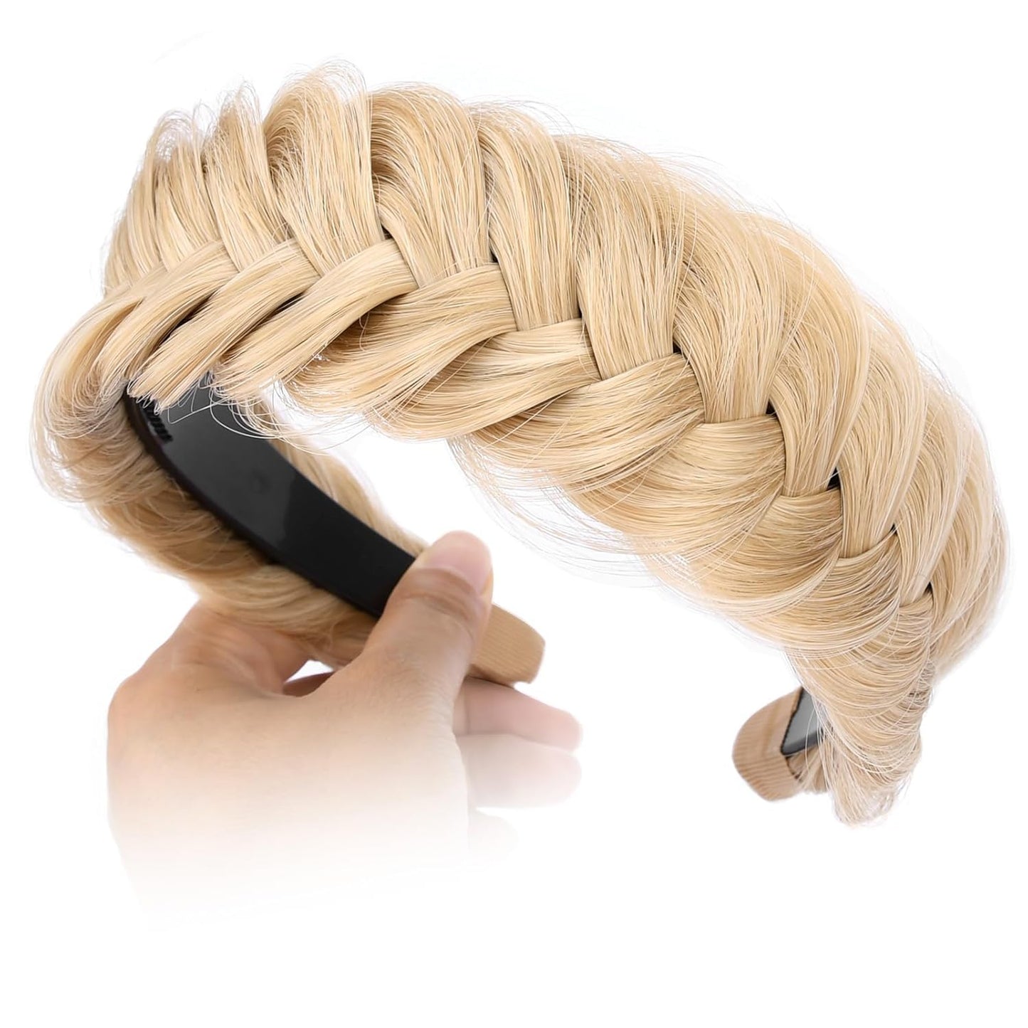 DIGUAN Wide Messy Braided Headband With Teeth Synthetic Hair Plaited Headband High Elasticity Braids Chunky Fishtail Braided Hair Band Hairpiece for Girls Women Beauty Accessory (Honey Blonde)