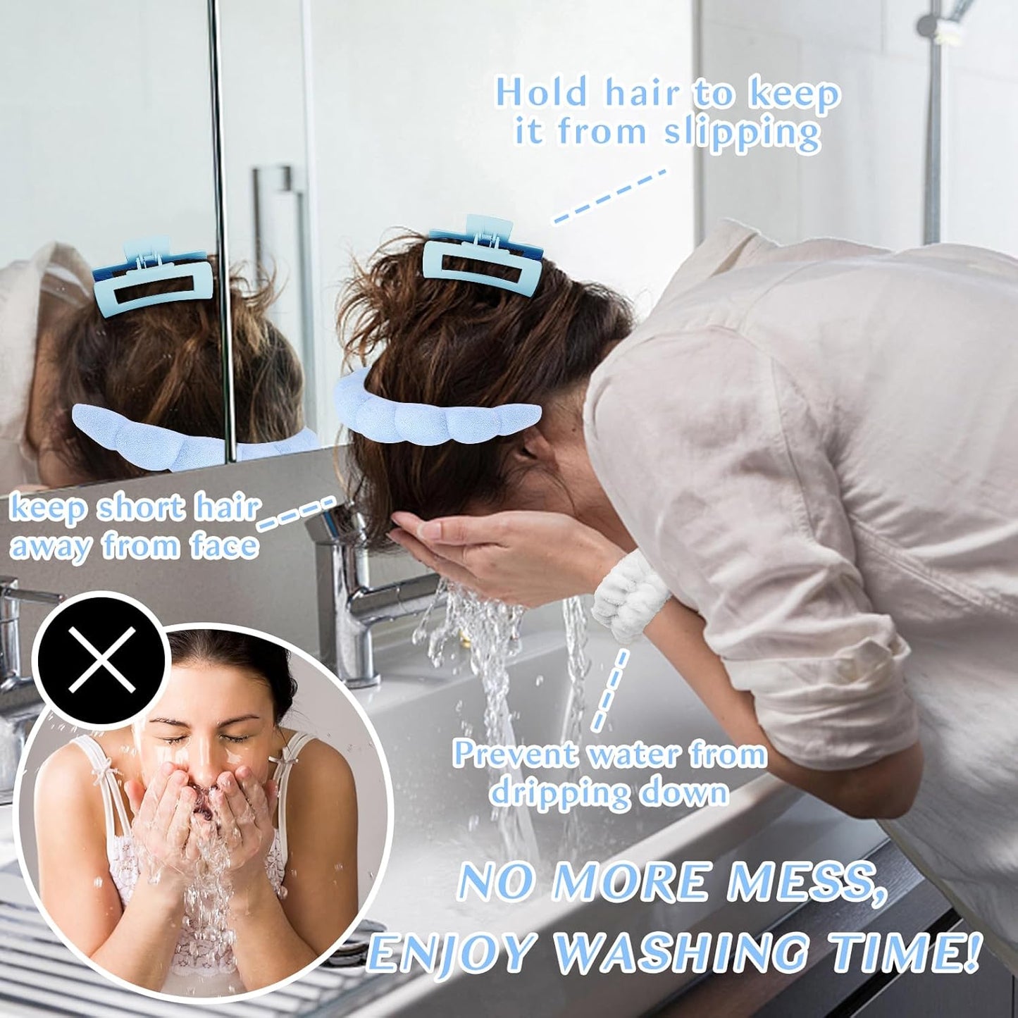 Wecoe Spa Headband And Wristband Set Skincare Headband For Washing Face Hair Claw Clips For Thick Hair Cute Blue Puffy Sponge Makeup Bubble Head Band Wrist Towels Scrunchies For Women Girls