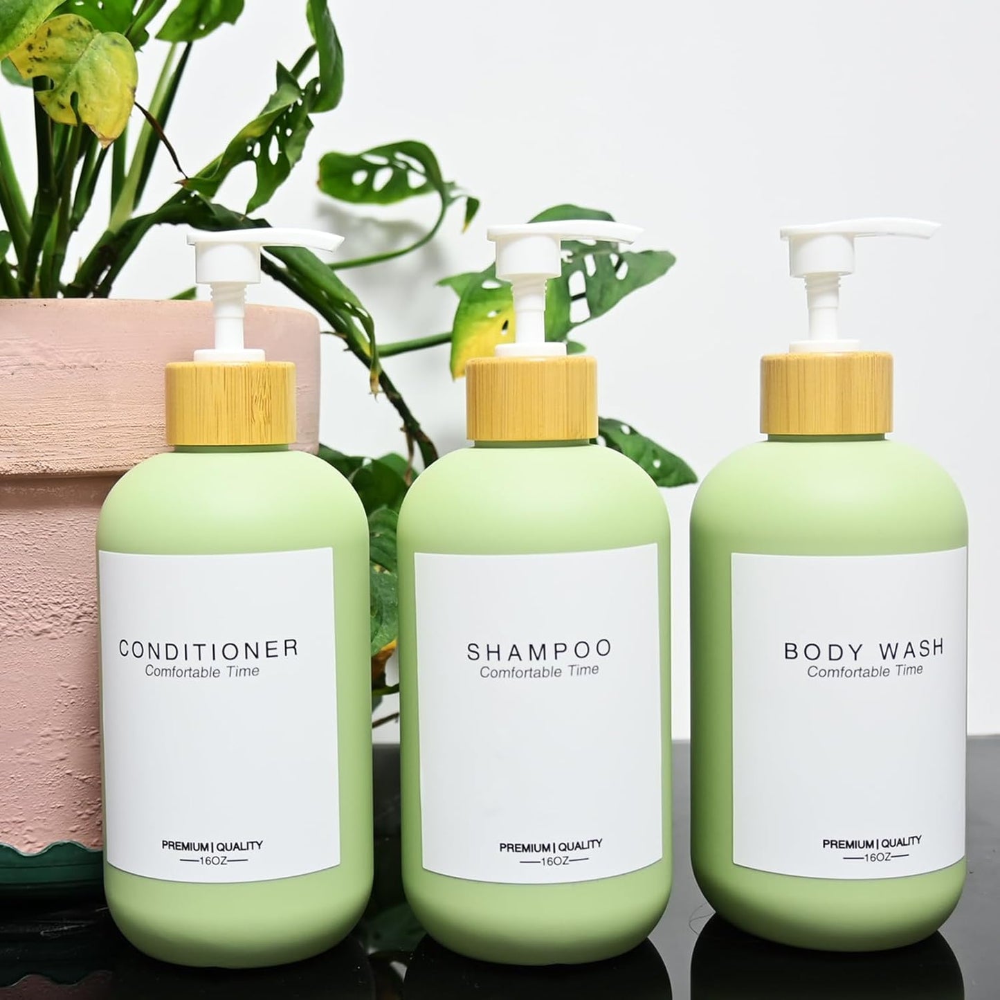 Shampoo and Conditioner Bottles, Refillable Shampoo Bottles with 6 Waterproof Labels, Apothecary Dispenser for Shampoo Lotion Oil Shower Soap Hand Soap and Dish Soap (Matcha Green)