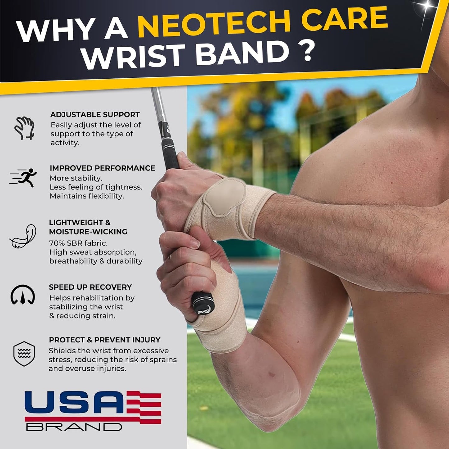 NeoTech Care Wrist Band - Elastic & Breathable Fabric - Adjustable Compression Strap - Men, Women, Right or Left - Support Wrap for Protection or Sports (Beige Color, Size M, 1 Pair)