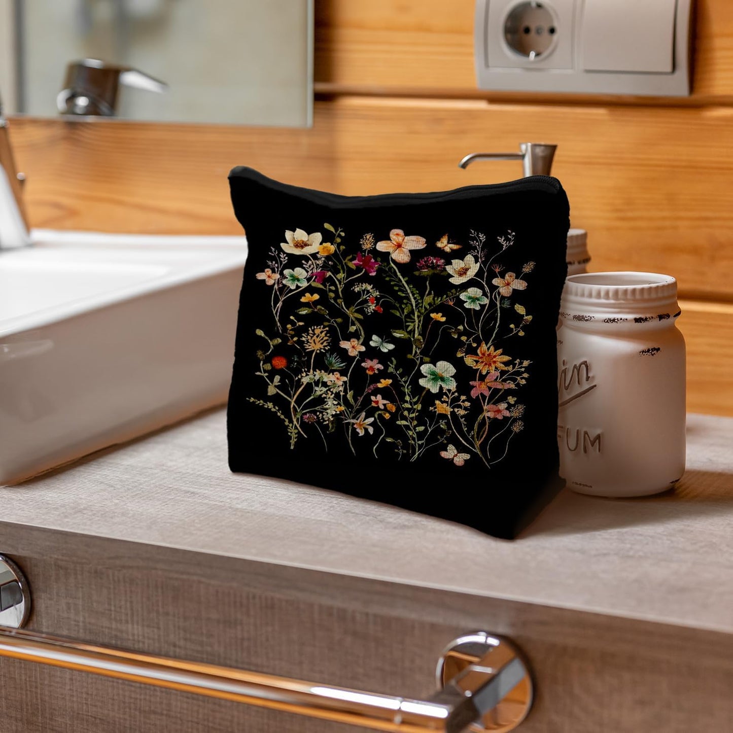 Black Floral Makeup Bag - Small Flower Zipper Cosmetic Bag for Women & Girls
