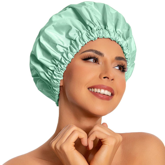 Reusable Shower Cap for Women, Large Waterproof Shower Essentials Bonnet Washable Elastic Band Bath Hair Wrap Hat for Long Hair, Braids(Green Bean)