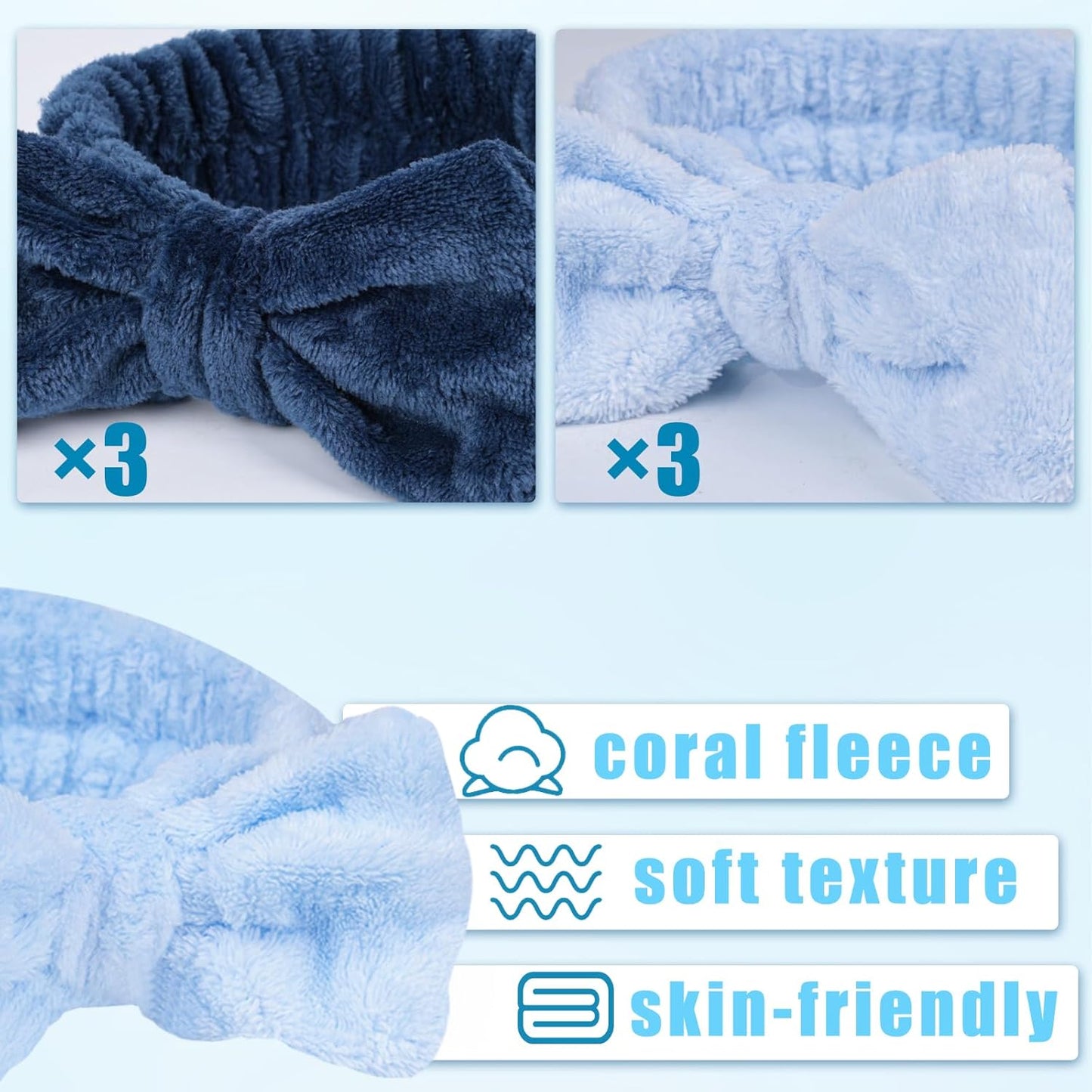 Shindel Spa Bow Headband - 6 Pack Cute Fuzzy Skin Care Headbands for Teen Girls' Face Washing & Shower - Blue