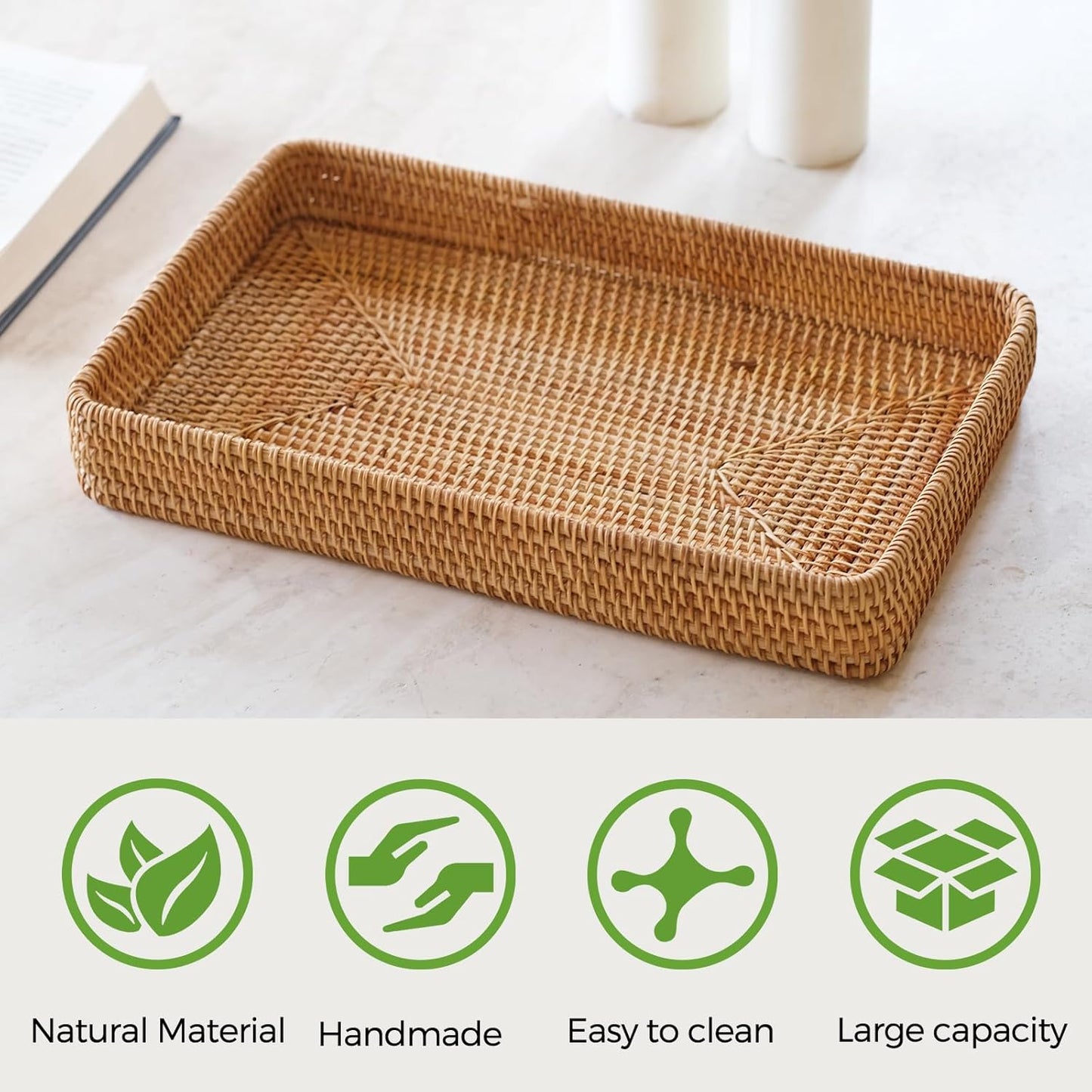 Wicker Storage Basket, Rattan Tray Rectangular for Bathroom Living Room, Decorative Serving Woven Trays Wicker Baskets for Organizing, Woven Seagrass Tray for Storage Home Decor L(14.6" × 9.1")