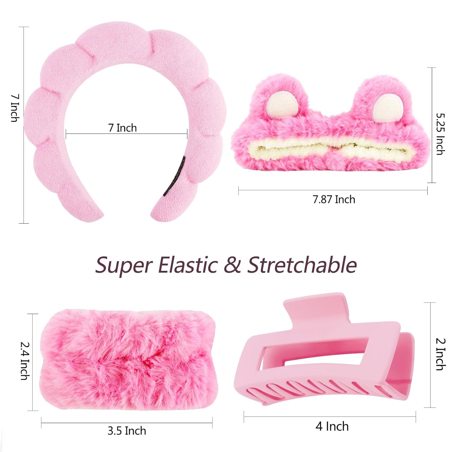VELSCRUN Spa Headband, Makeup Face Wash Skincare Headbands, 5 Pcs Sponge Get Ready Bear Ears Hairband Facial Wristband Hair Clip Set, Stuff for Teen Girls Women Trendy Fashion Hair Accessories Pink
