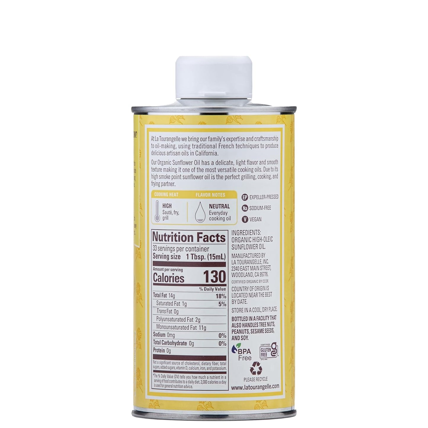 La Tourangelle, Organic High Oleic Sunflower Oil, Neutral Oil For Medium to High Heat Cooking and Skin Care, Non GMO, Pesticide and Chemical Free, 16.9 Fl Oz