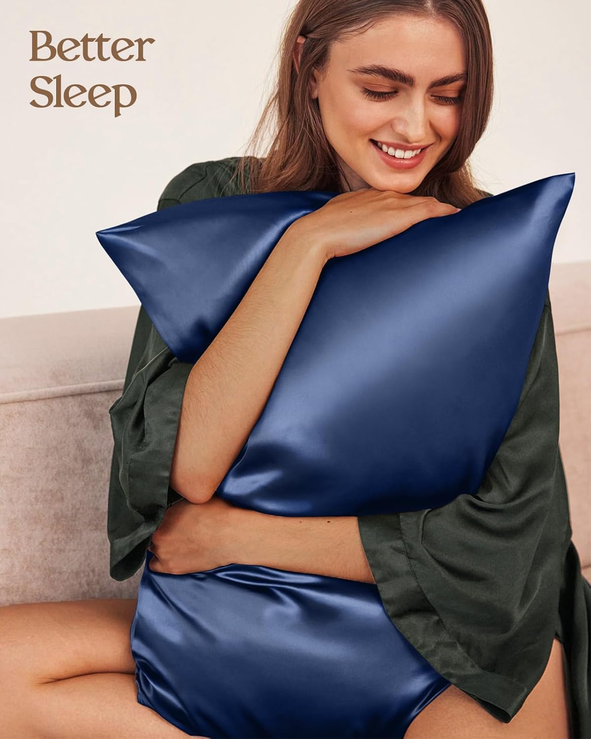 Silk Pillowcase 2 Pack - Pillow Cases King Set of 2 Size 20" x 36" for Hair and Skin Smooth Soft Breathable with Hidden Zipper Cooling Pillow Covers for Women, Navy Blue
