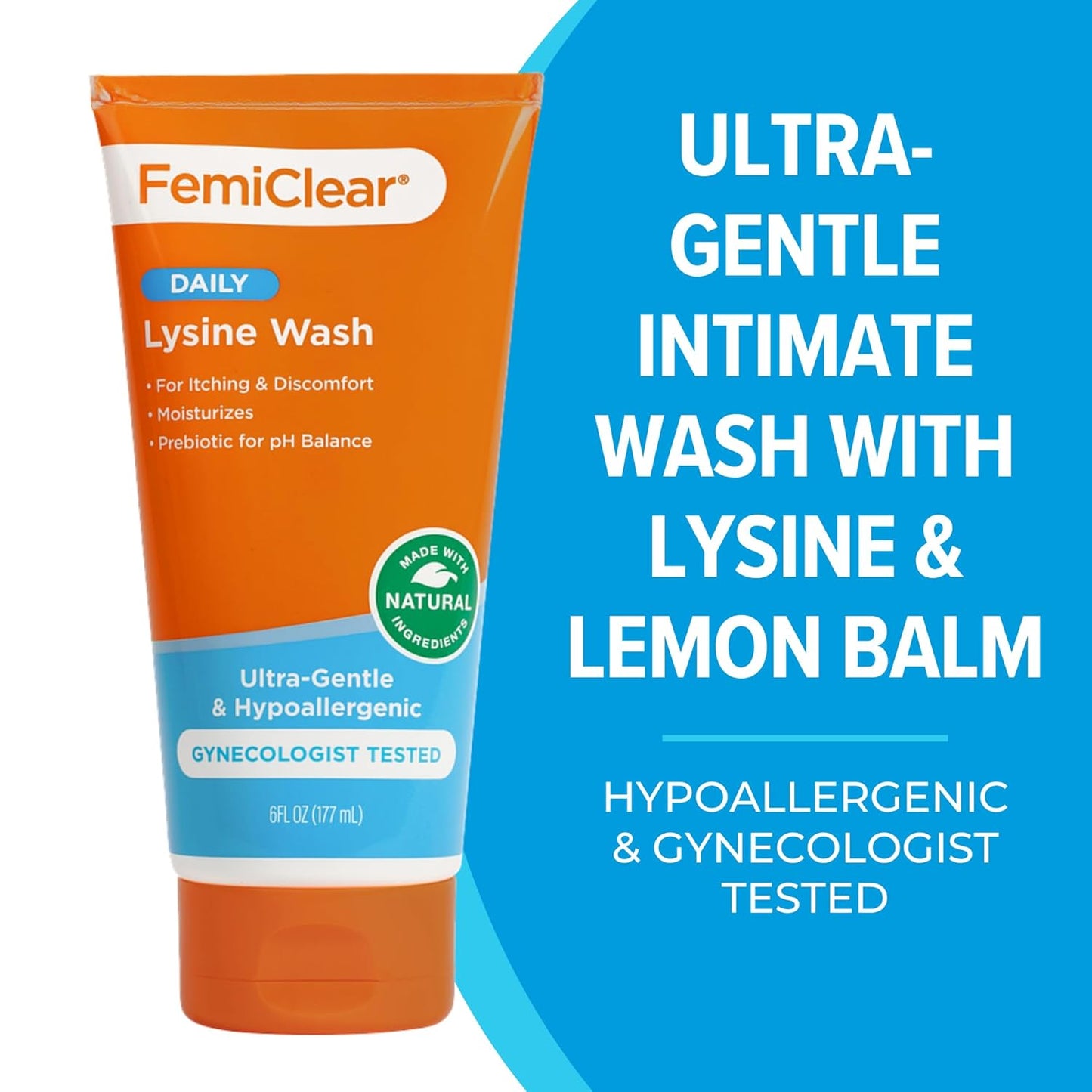 FemiClear® Ultra-Gentle Feminine Wash – Made with Lysine & Lemon Balm for Feminine Hygiene, Essentials for Vaginal Health (6FL oz)