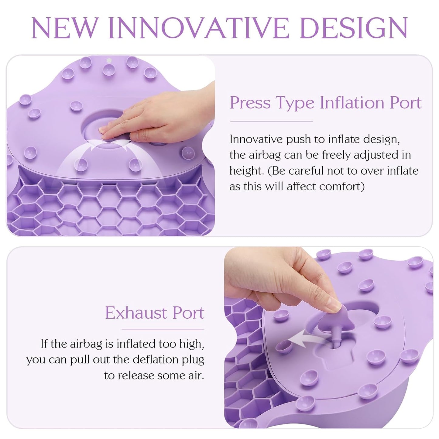 Silicone Bath Pillow, New Material Bath Pillows for Tub Head Neck and Back Support, Bath Tub Pillow with 4D Press Inflatable Airbag and Non-Slip Strong Suction Cup, Quick-Drying, Easy to Store, Purple