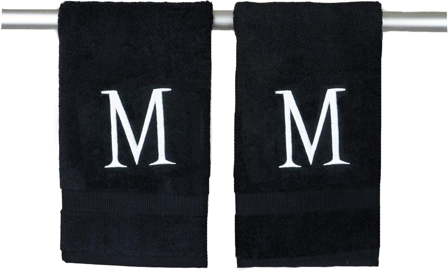 Black Initial Hand Towel for Bathroom - Monogrammed Luxury Hotel Quality Decorative Embroidered Towel for Powder Room, Spa - GOTS Organic Certified - Pack of 2, Letter M