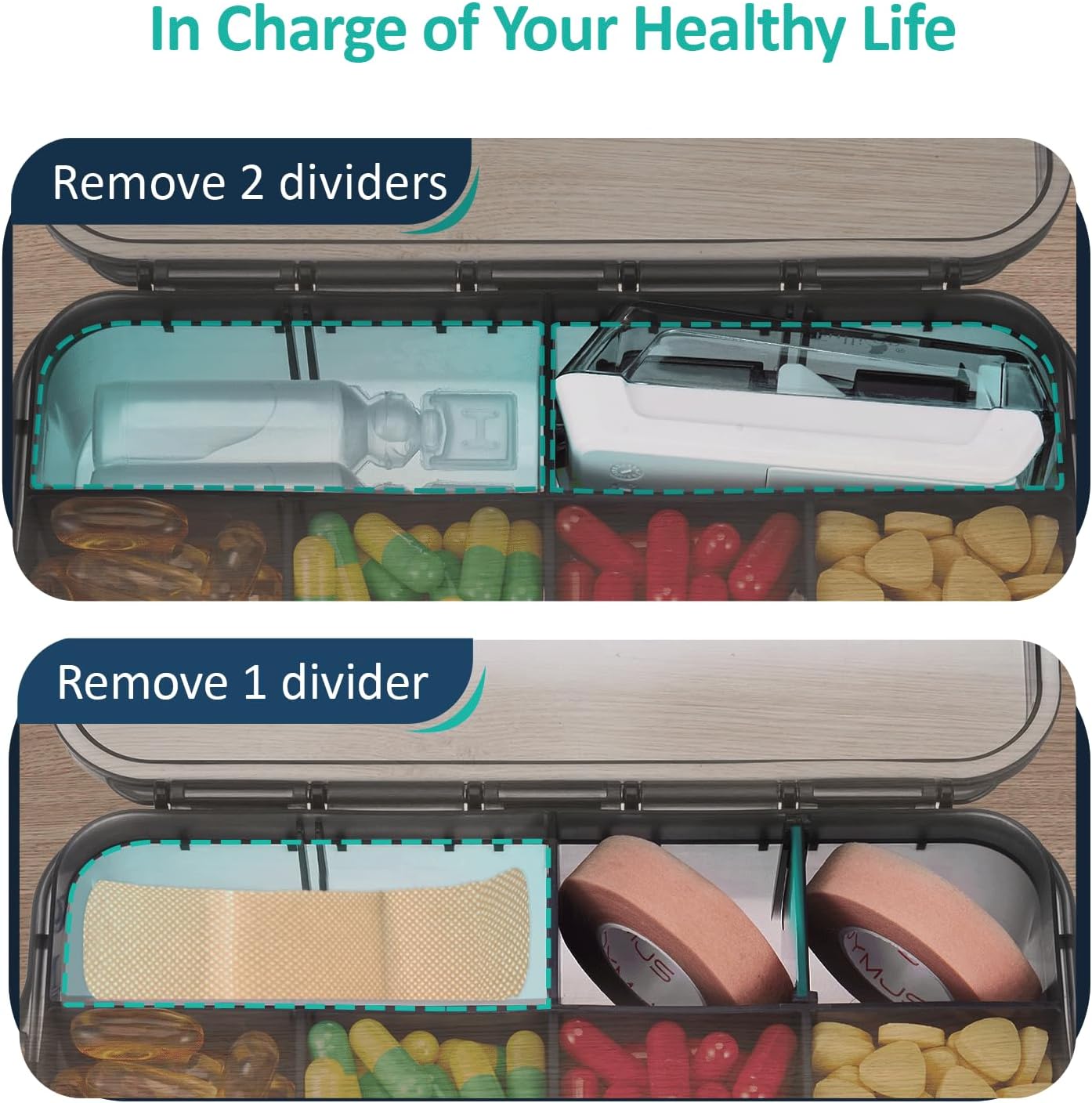 Fullicon Daily Travel Moisture Proof Pill Case with 12 Extra Large Compartment, Pill Organizer with 3 Secured Buckles, Large Supplement Box for Vitamin with Removable Dividers (Black)