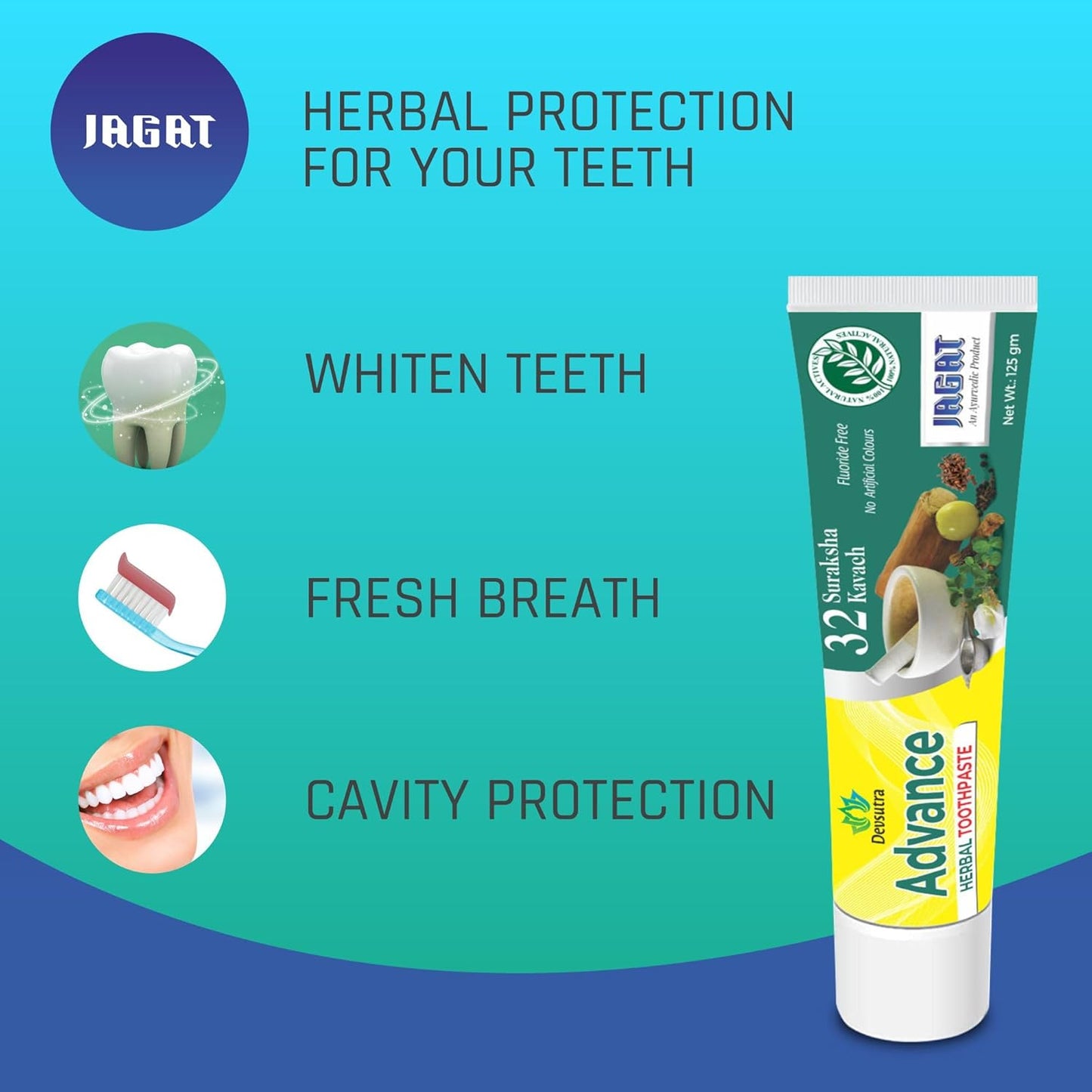 Jagat Devsutra Advanced Toothpaste | Doctor Recommended Ayurvedic, Organic & Herbal | 100% Natural Teeth Whitening, No Fluoride & Artificial Colors, Gum Cure, Vegan - Pack of 4