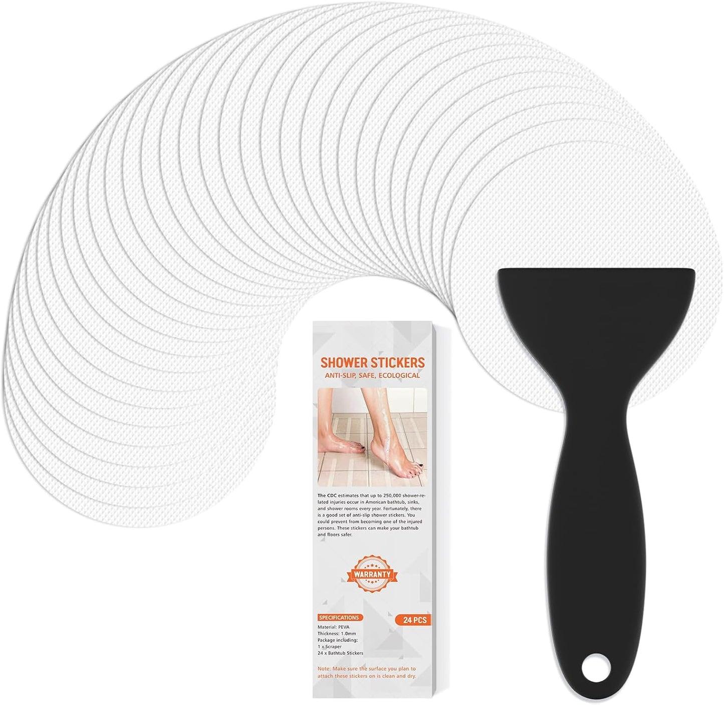 Non Slip Bathtub Stickers, 24 PCS Shower Stickers for Safety Bathroom Tubs, Bathtub Non Slip Stickers and Adhesive Decals Scraper for Bath Tub, Shower Floor, Stairs, Ladders(Round Shape, White)