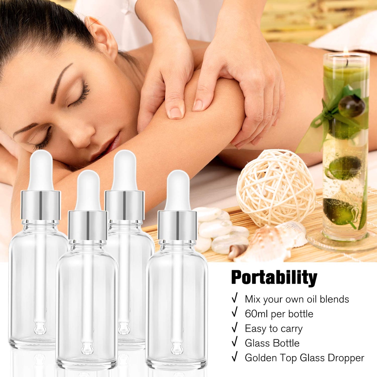 PrettyCare 2 oz Dropper Bottles, 4 Pack Frosted Glass Bottles 60ml with Golden Caps, 12 Labels, Funnel & Measured Pipettes-Empty Tincture for Essential Oils & Skincare