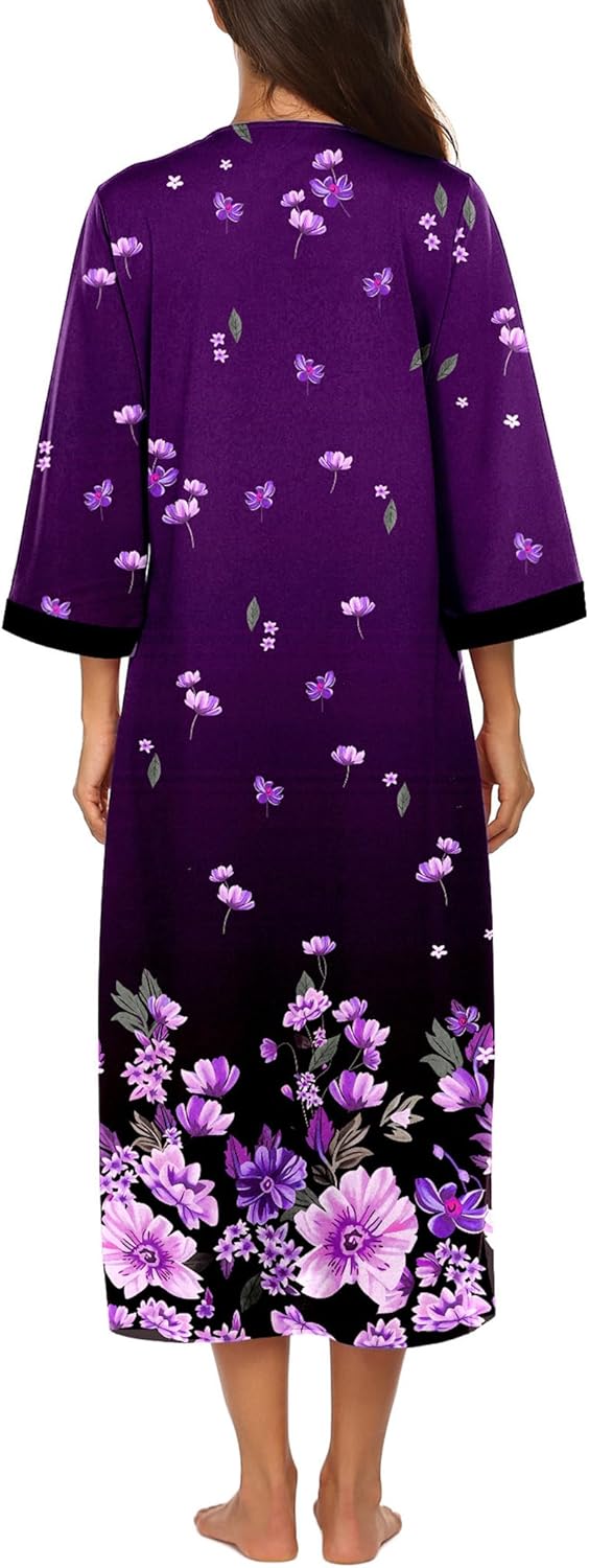 Ekouaer Women Zipper Robe 3/4 Sleeves Loungewear Dress Full Length Sleepwear Pockets Housecoat Nightgown Long Bathrobe