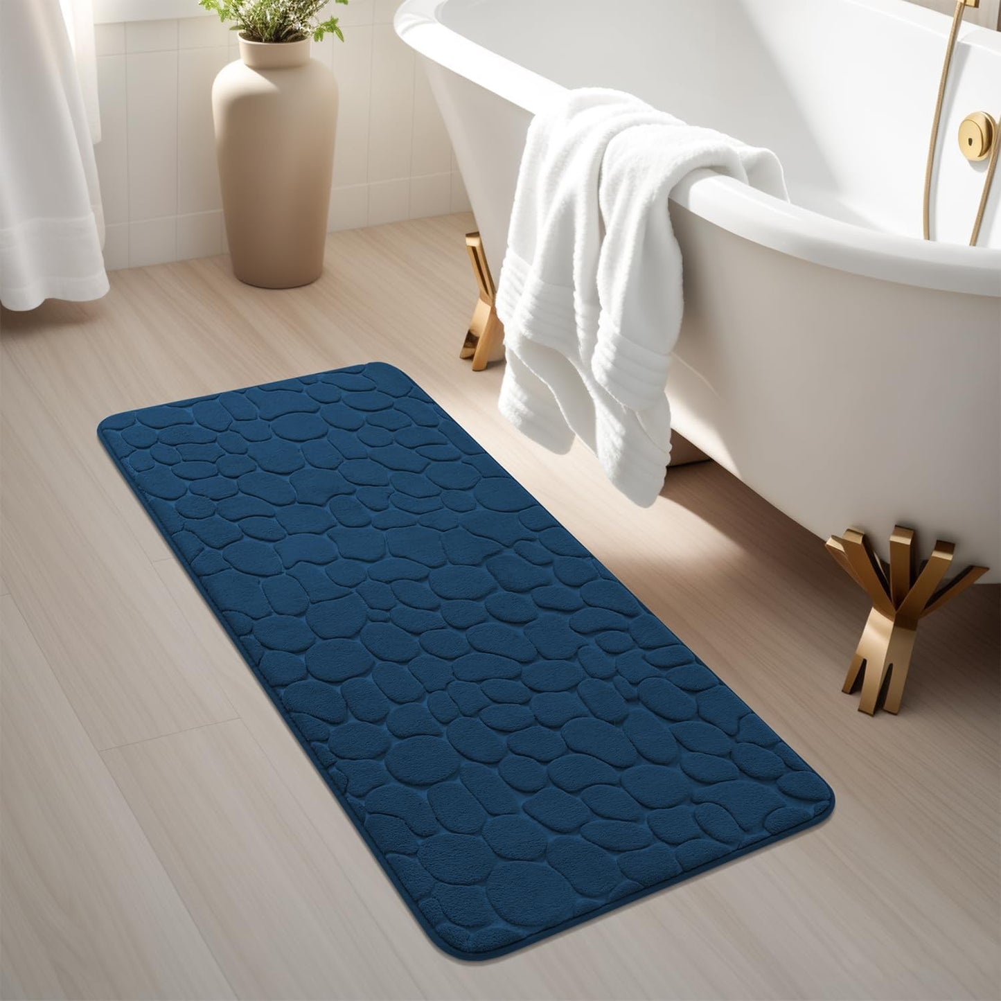 YIHOUSE Memory Foam Runner Rug, Cobblestone Bathroom Runner Rugs Super Water Absorbent Bath Mats for Bathroom Machine Washable Bath Rugs Runner for Hallway Bedroom Laundry Room(20 x 47,Dark Blue)