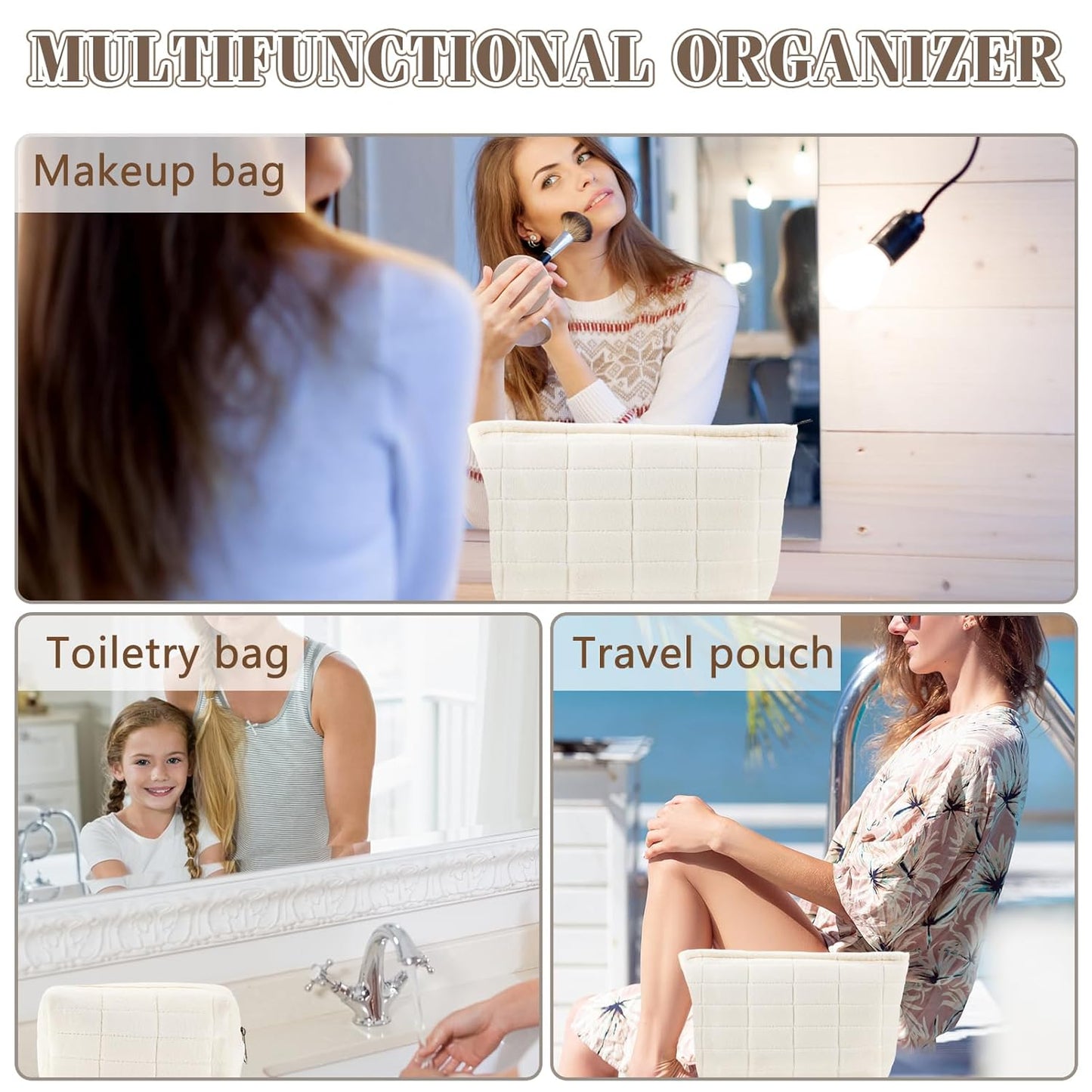 ZLFSRQ 2Pcs Makeup Bag for Women Trendy Large Capacity Cosmetic Bags Plush Pencil Case White Checkered Pouch for Purse Coquette Zippered Toiletry Bag Organizer Y2K Aesthetic Pencil Pouch