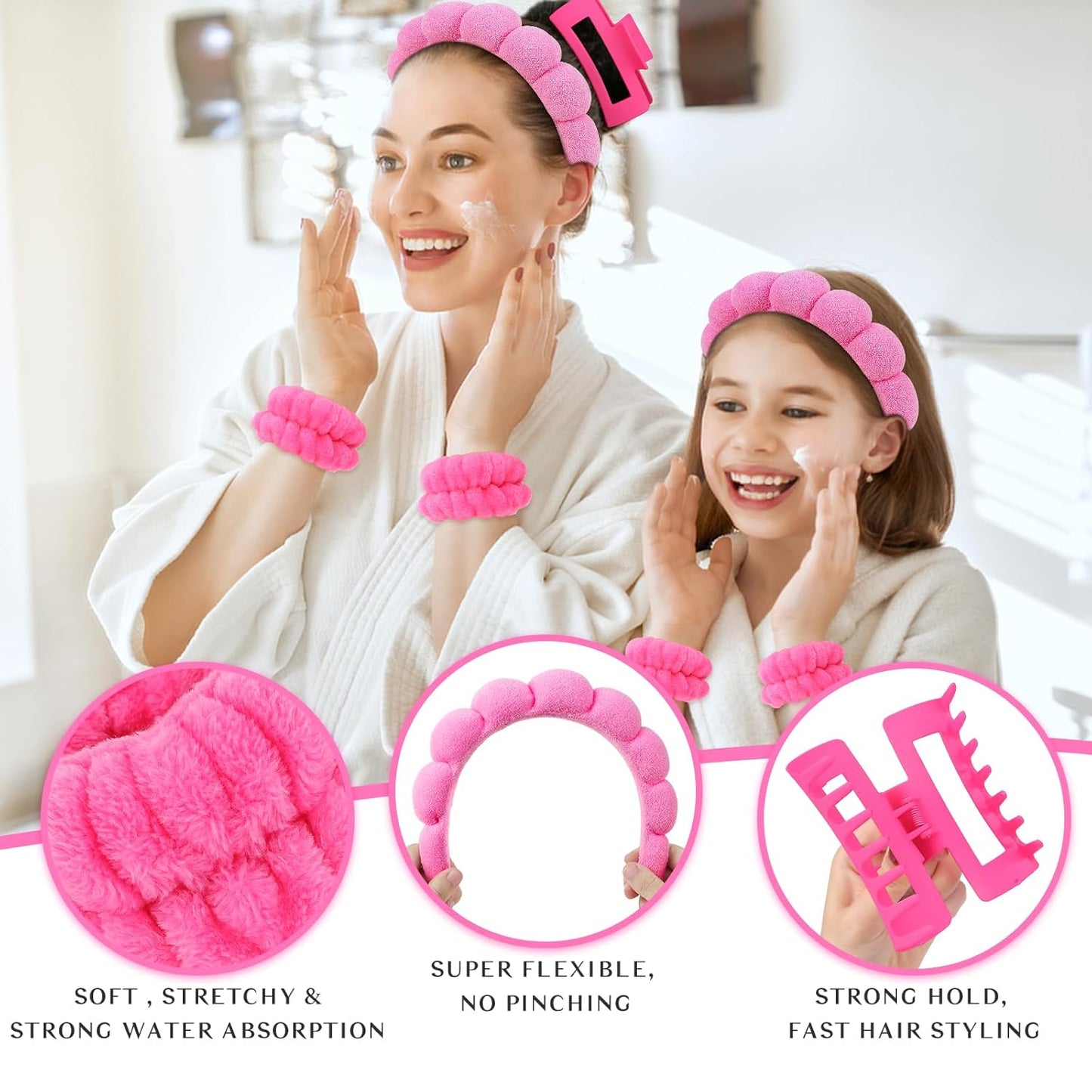 Wecoe Spa Headband And Wristband Set Valentines' Day Skincare Headband for Washing Face Hot Pink Puffy Sponge Makeup Bubble Head Band Hair Claw Clips Wrist Towels Scrunchies for Women Girls