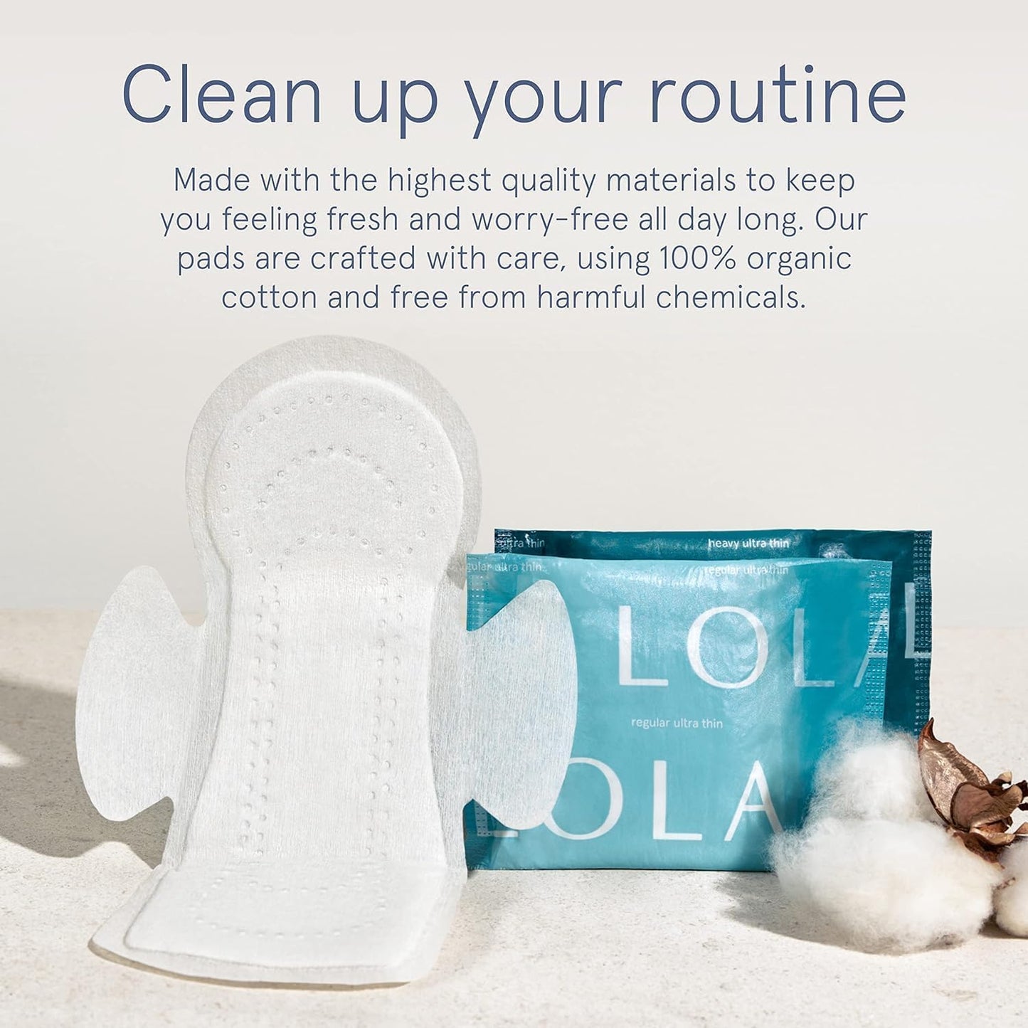 LOLA Non-Toxic Cotton Pads for Women - 36 Count, Regular, Ultra Thin with Wings - Organic Pads & Panty Liners for Women