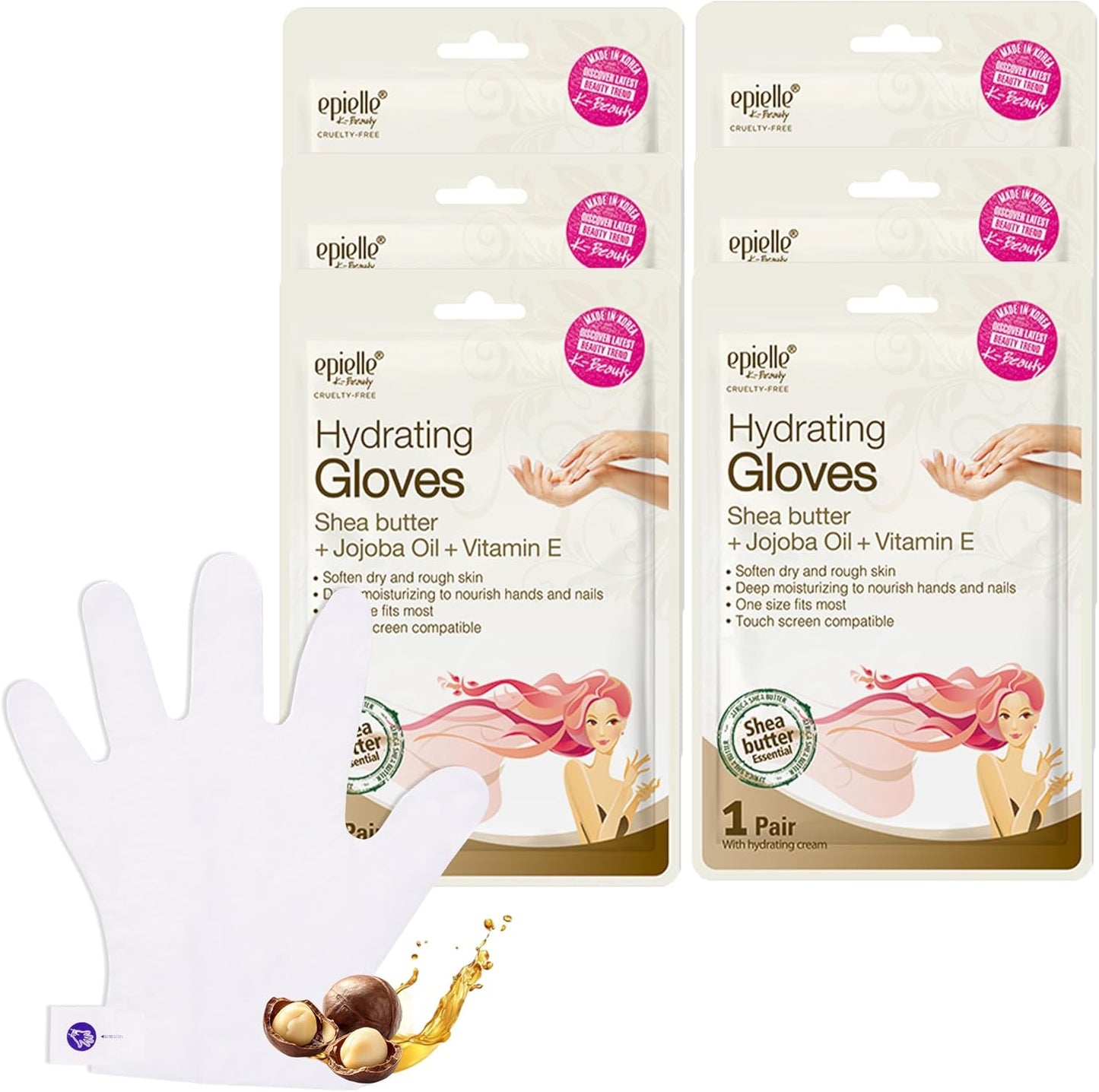 Epielle Hydrating Hand Masks 6 Pairs, Deep Moisturizing Gloves for Dry, Cracked Hands, Relieve and Soften with Shea Butter & Jojoba Oil, Korean Skin Care, Spa Set, Self Care Gifts for Women
