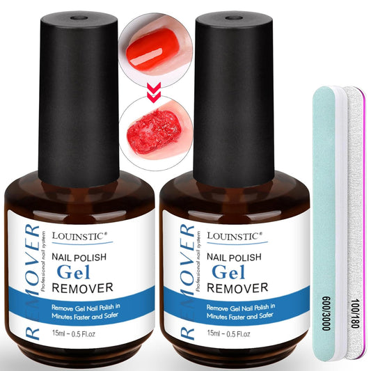 LOUINSTIC Gel Nail Polish Remover-2pcs Gel Polish Remover Kit with 100/180 & 600/3000 Grit Nail Files,2-5 Minutes Quick & Easy Gel Nail Polish Removal at Home, No Irritation,No Need to Soak or Wrap