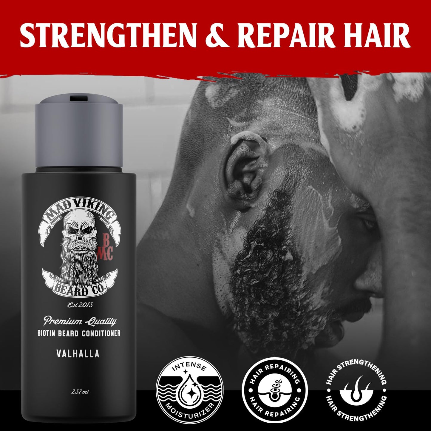 Mad Viking Valhalla Biotin Beard Conditioner – Restores, Moisturizes and Softens - Deep Conditioning and Reduced Frizz - Smooth Sandalwood & Vanilla Scent, Made in the USA - 8oz