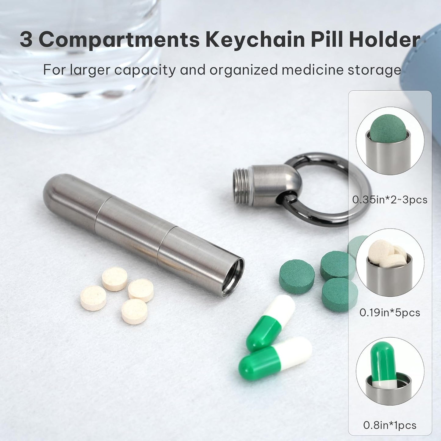 Titanium Keychain Pill Holder,Portable Mini Pill Case, Waterproof Small Pill Container,Mental Pill Box for Travel Purse Pocket(3 Compartment)