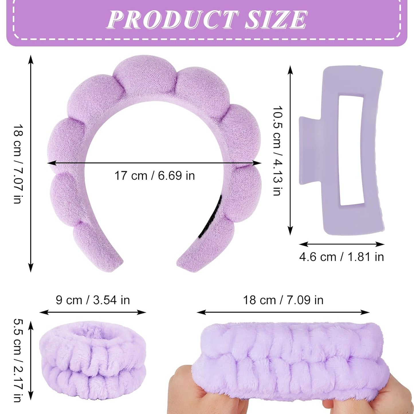 Wecoe Spa Headband And Wristband Set Skincare Headband For Washing Face Hair Claw Clips For Thick Hair Cute Purple Puffy Sponge Makeup Bubble Head Band Wrist Towels Scrunchies For Women Girls