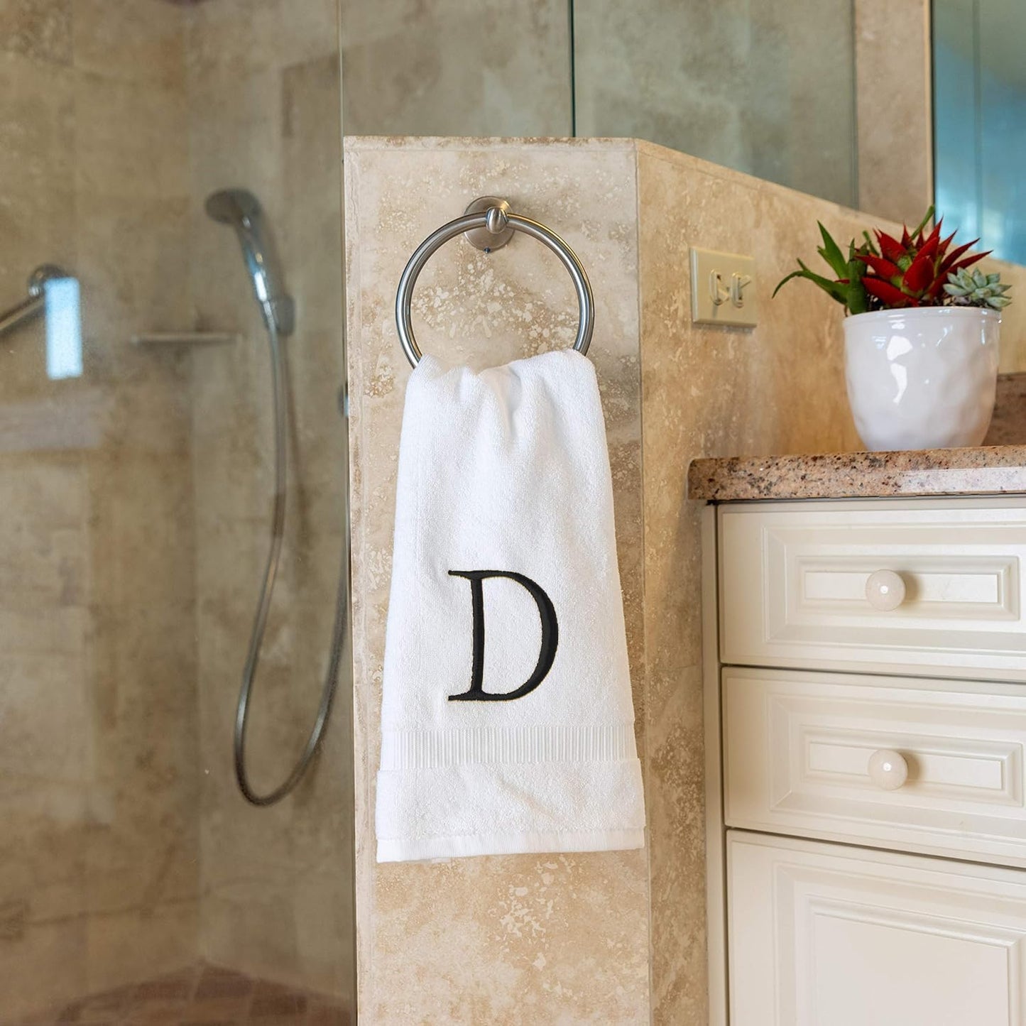 Black Luxury Hand Towel for Bathroom - Monogrammed Initial Hotel Quality Decorative Embroidered Towel for Powder Room, Spa - GOTS Organic Certified - Set of 2 Letter D