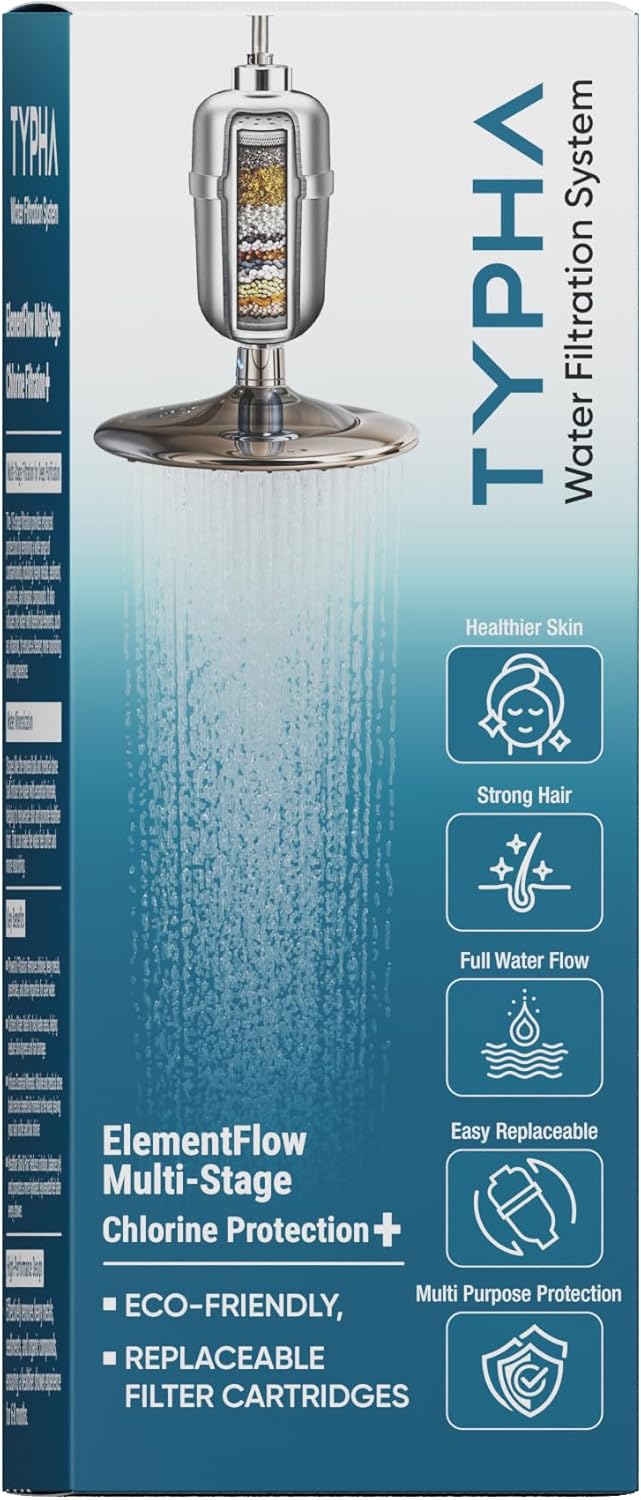 TYPHA ElementFlow 15-Stage Deep-Purifying Shower Filter – Advanced Chlorine Protection+ Reduces Dry, Itchy Skin, Dandruff & Eczema – Enhances Skin, Hair & Nail Health Silver