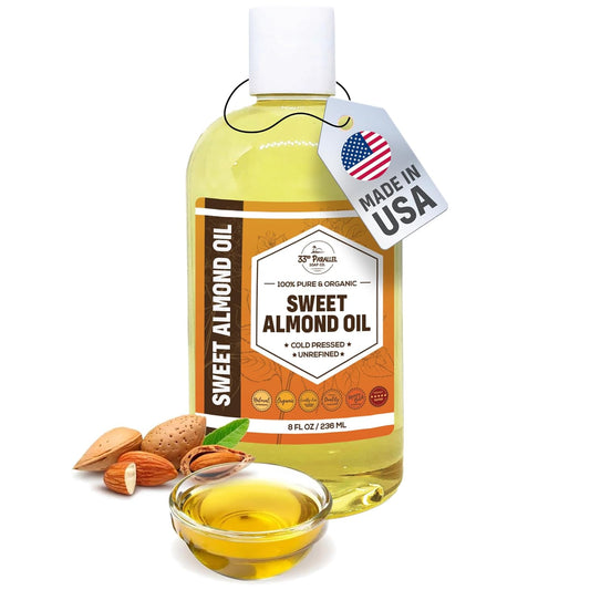 ORGANIC SWEET ALMOND OIL (8 oz) Premium Cold Pressed Unrefined | 100% Pure Sweet Almond Oil for Skin, Face, Hair, Soap Making | Carrier for Essential Oils | Available in Bulk | 8 FL OZ