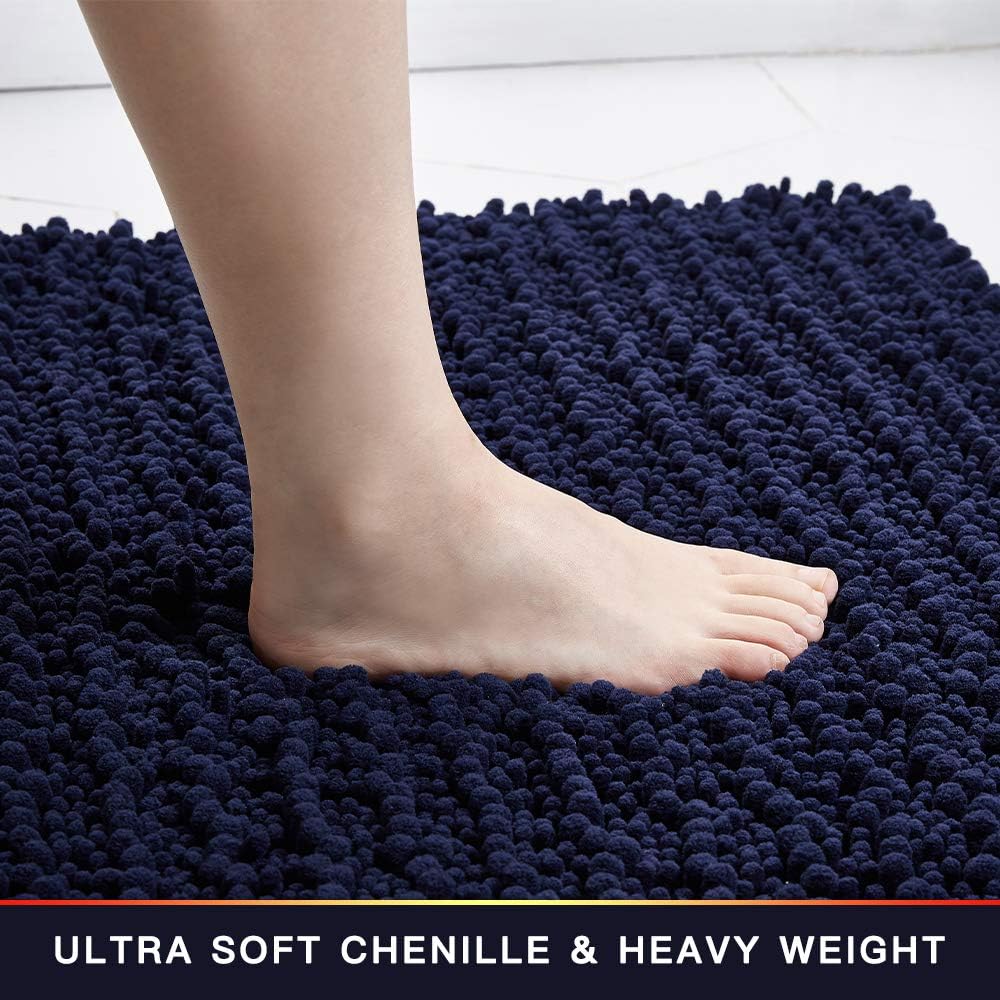 Walensee Bathroom Rug Non Slip Bath Mat (24x17 Inch Navy) Water Absorbent Super Soft Shaggy Chenille Machine Washable Dry Extra Thick Perfect Absorbant Best Small Plush Carpet for Shower Floor