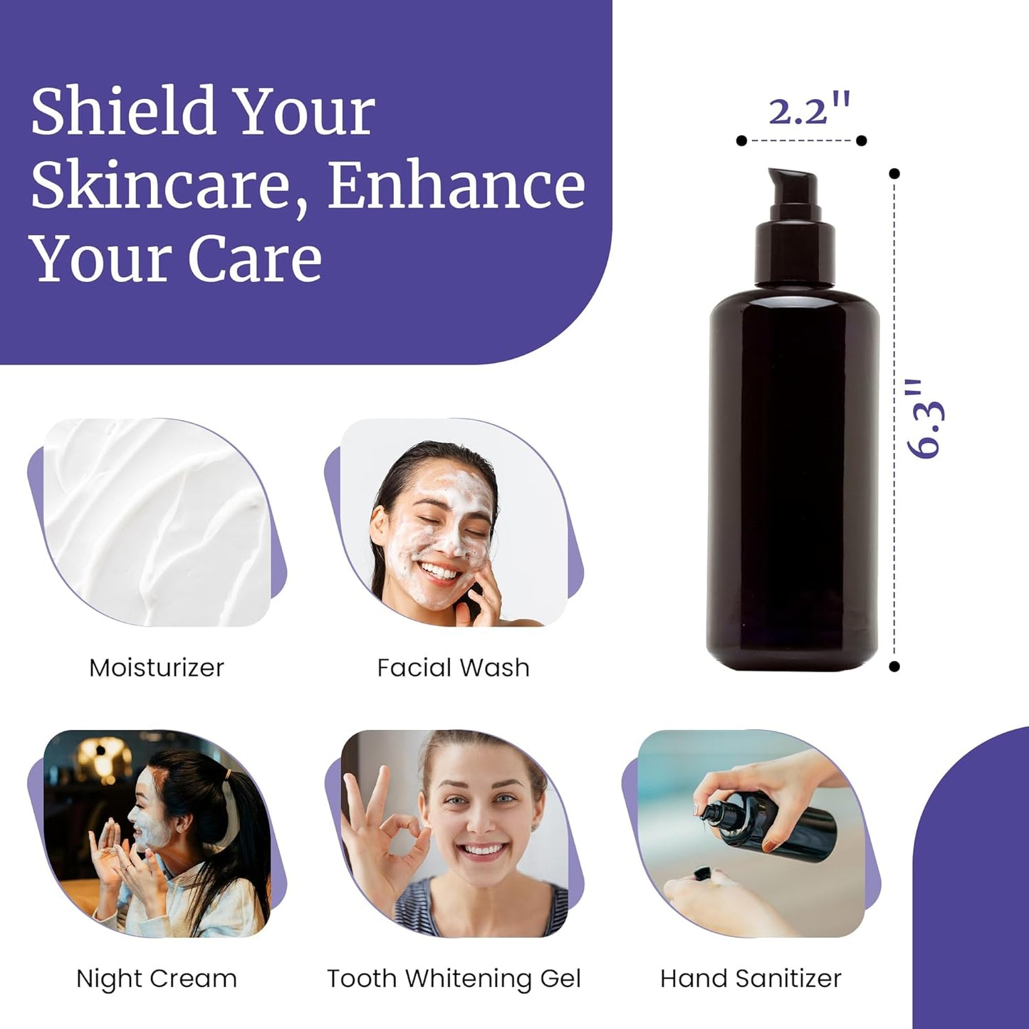 Infinity Jars 200 Ml (6.8 fl oz) Refillable Ultraviolet Black Glass Pump Bottles Leak-Proof Travel Containers for Toner, Sanitizer, Beard Oil, Hair Serum, Essential Oils 10-Pack