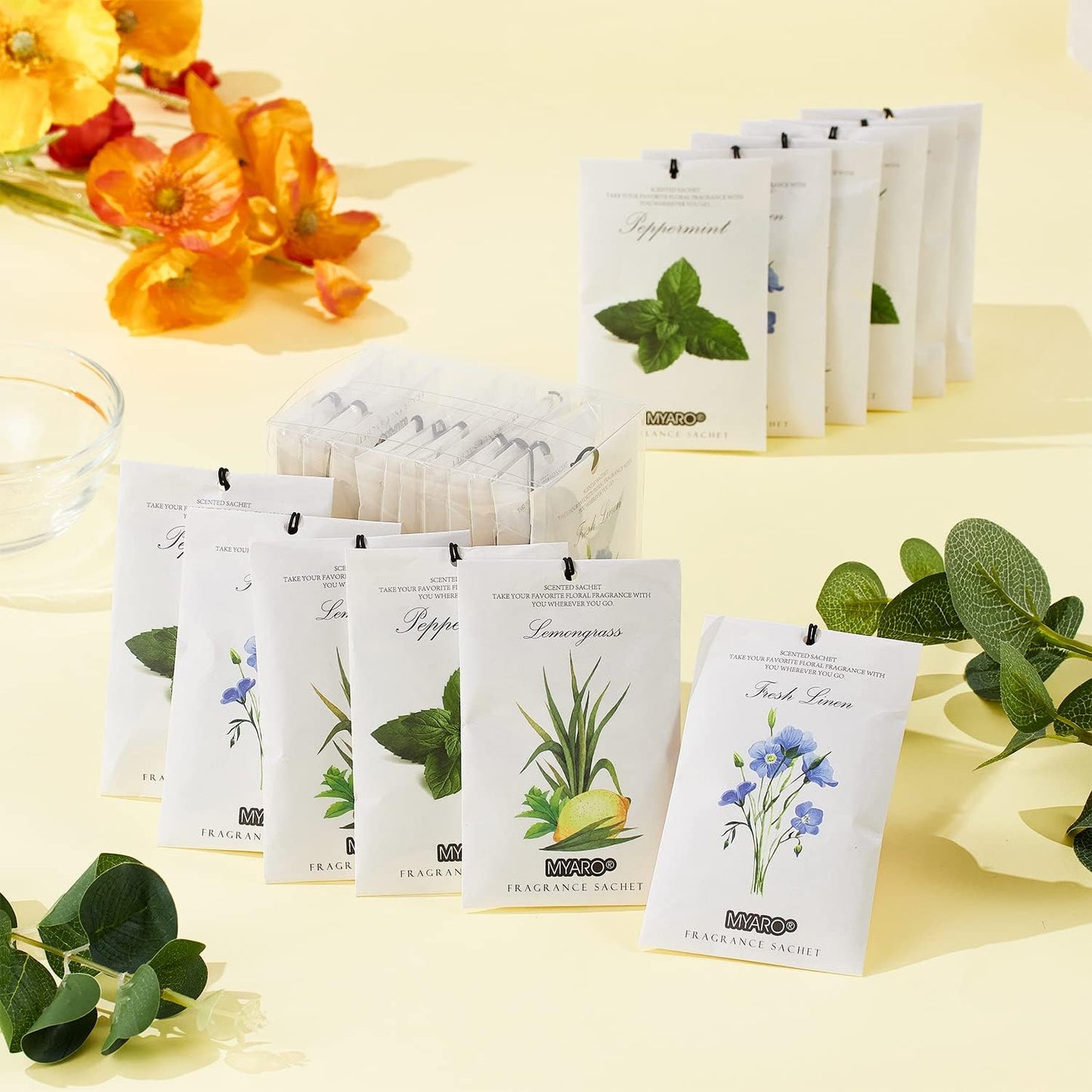 MYARO 12 Pcs Scented Sachets for Drawer and Closet, Long-Lasting Closet Deodorizer Freshener, Potpourri Bags Fresh Scents Sachet Packets Smell Goods for House - Fresh Linen, Peppermint and Lemongrass