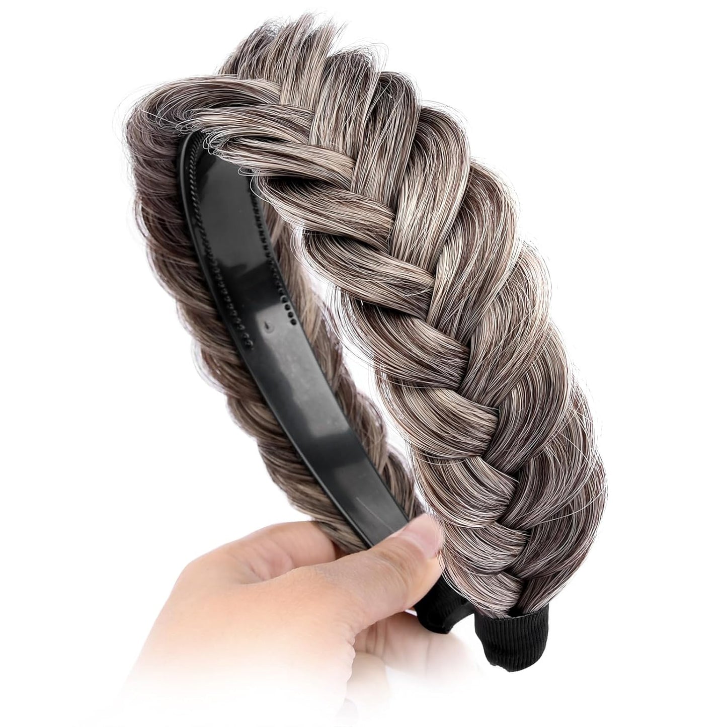 DIGUAN Wide Messy Braided Headband With Teeth Synthetic Hair Plaited Headband High Elasticity Braids Chunky Fishtail Braided Hair Band Hairpiece for Girls Women Beauty Accessory (Gray Brown)