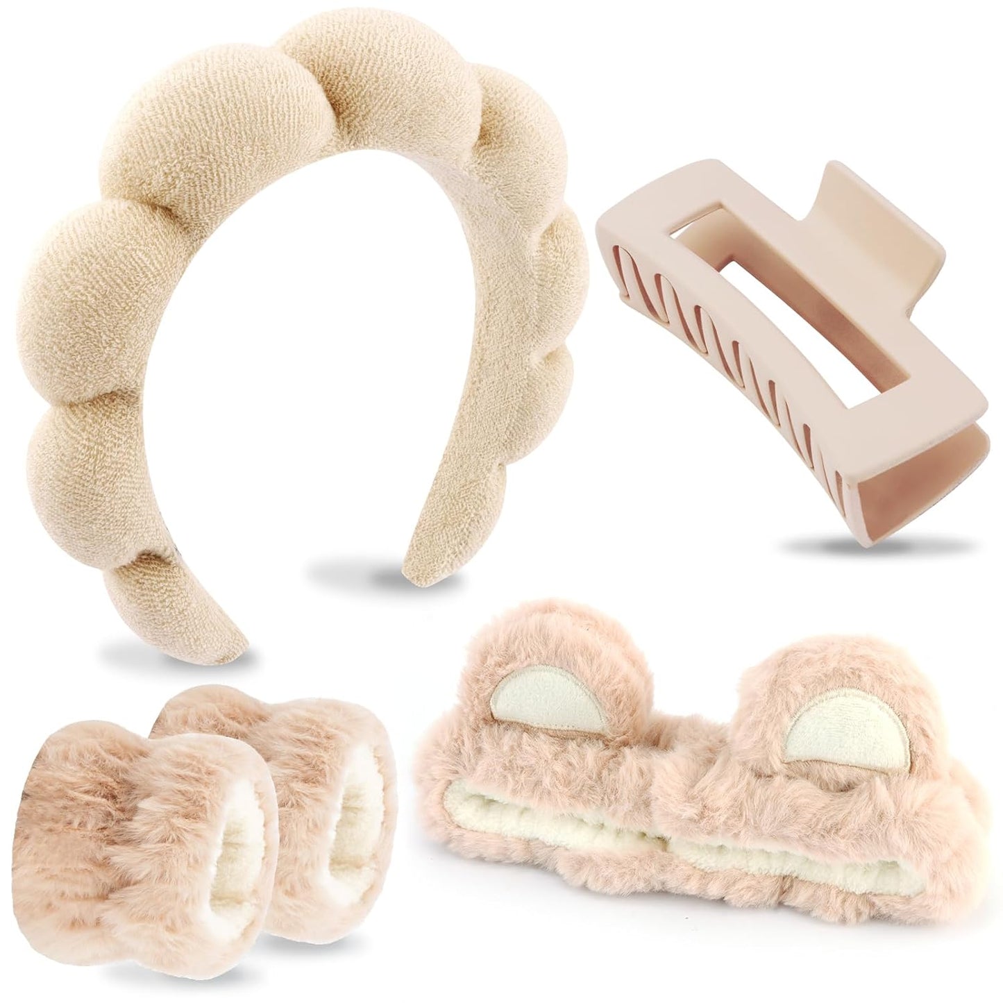 VELSCRUN Spa Headband, Makeup Face Wash Skincare Headbands, 5 Pcs Sponge Get Ready Bear Ears Hairband Facial Wristband Hair Clip Set, Stuff for Teen Girls Women Trendy Fashion Hair Accessories Brown