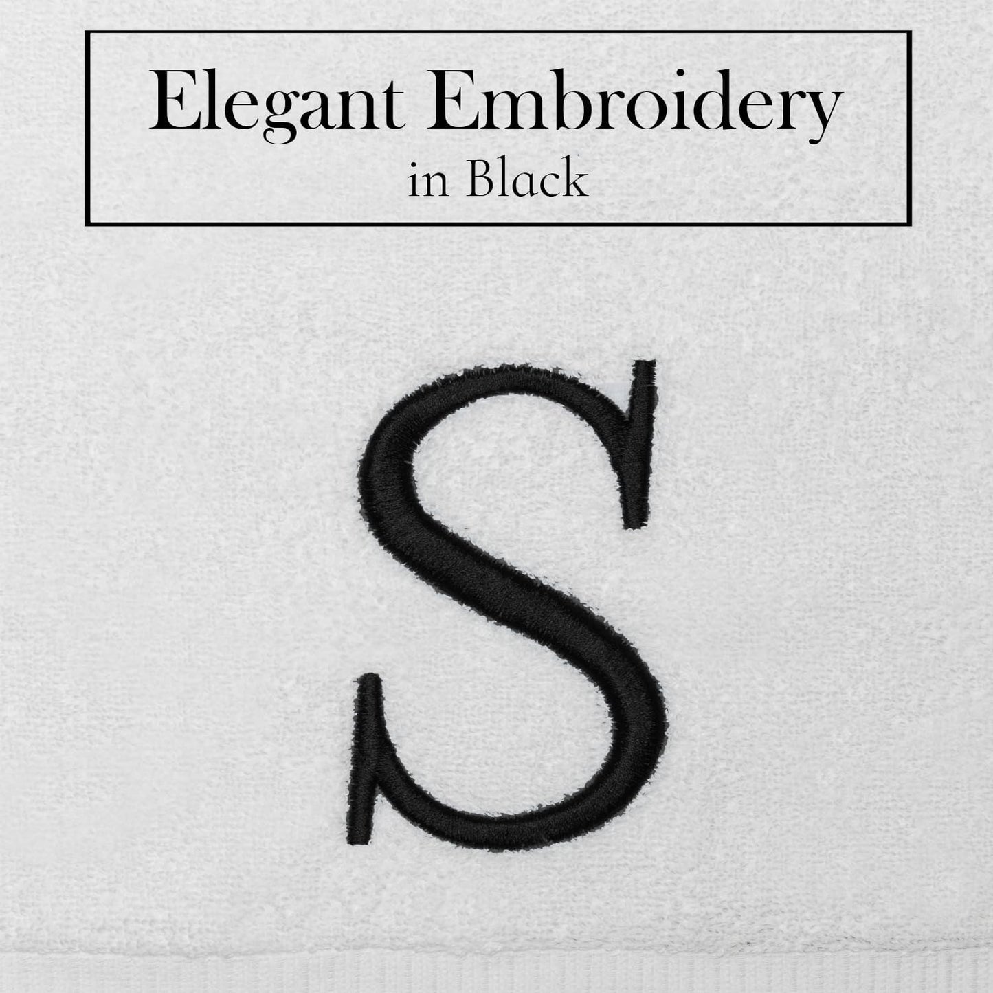 Black Letter Hand Towel for Bathroom - Monogrammed Initial Hotel Quality Decorative Embroidered Towel for Powder Room, Spa - GOTS Organic Certified - Set of 2 Letter S