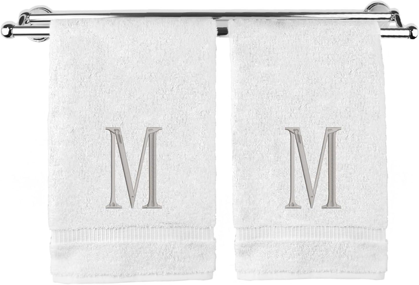 Monogrammed Hand Towel, Personalized Initial Gift, Extra Absorbent 100% Turkish Cotton - Soft Terry Finish - Set of 2 - Silver Block Initial M - Embroidered on White Towels