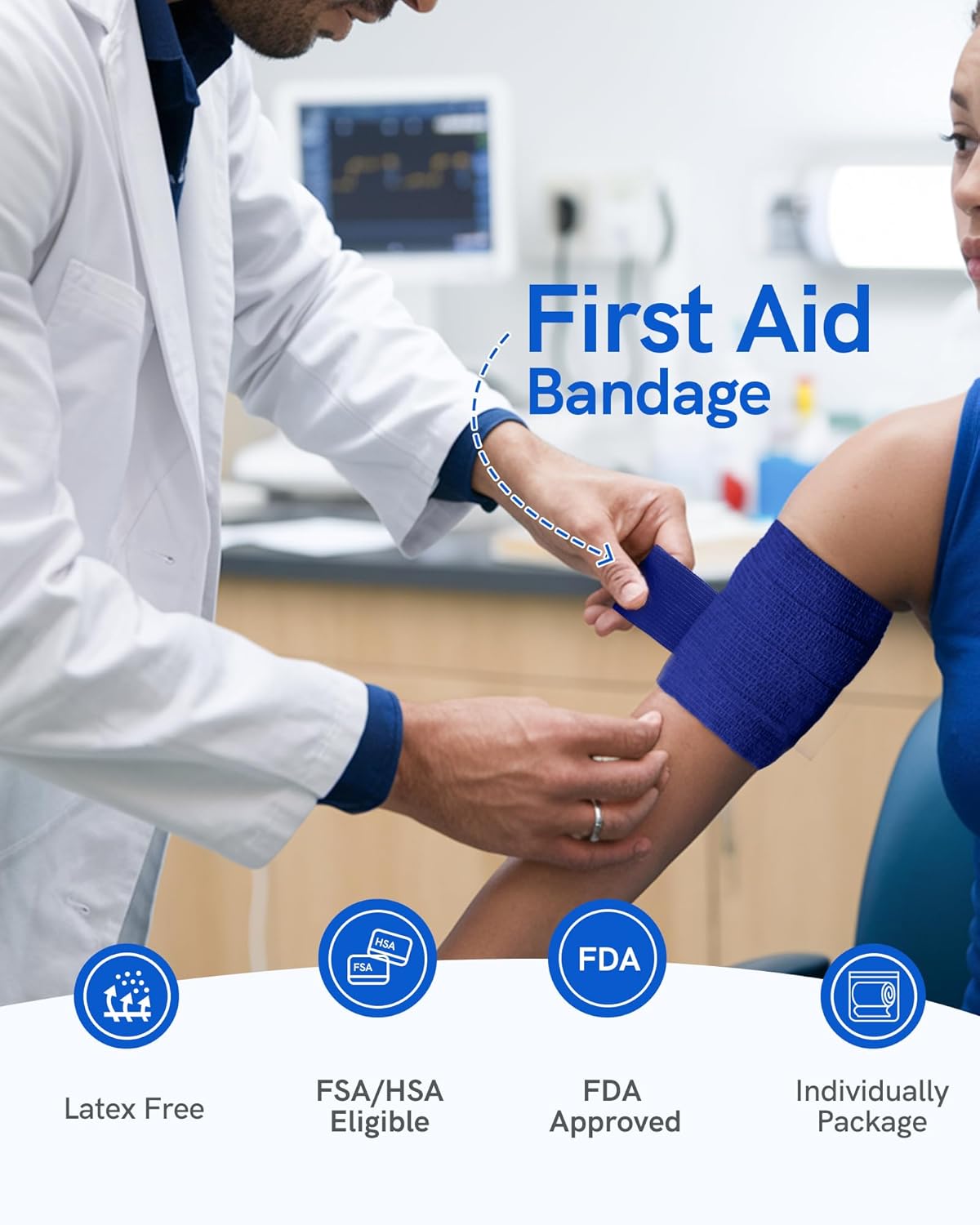 FriCARE Self Adhesive Bandage Wrap, Medical Tape in First Aid Kit, Cohesive Bandages for Wounds Sport Vet, 2 Inches X 5 Yards 6 Rolls, Royal Blue