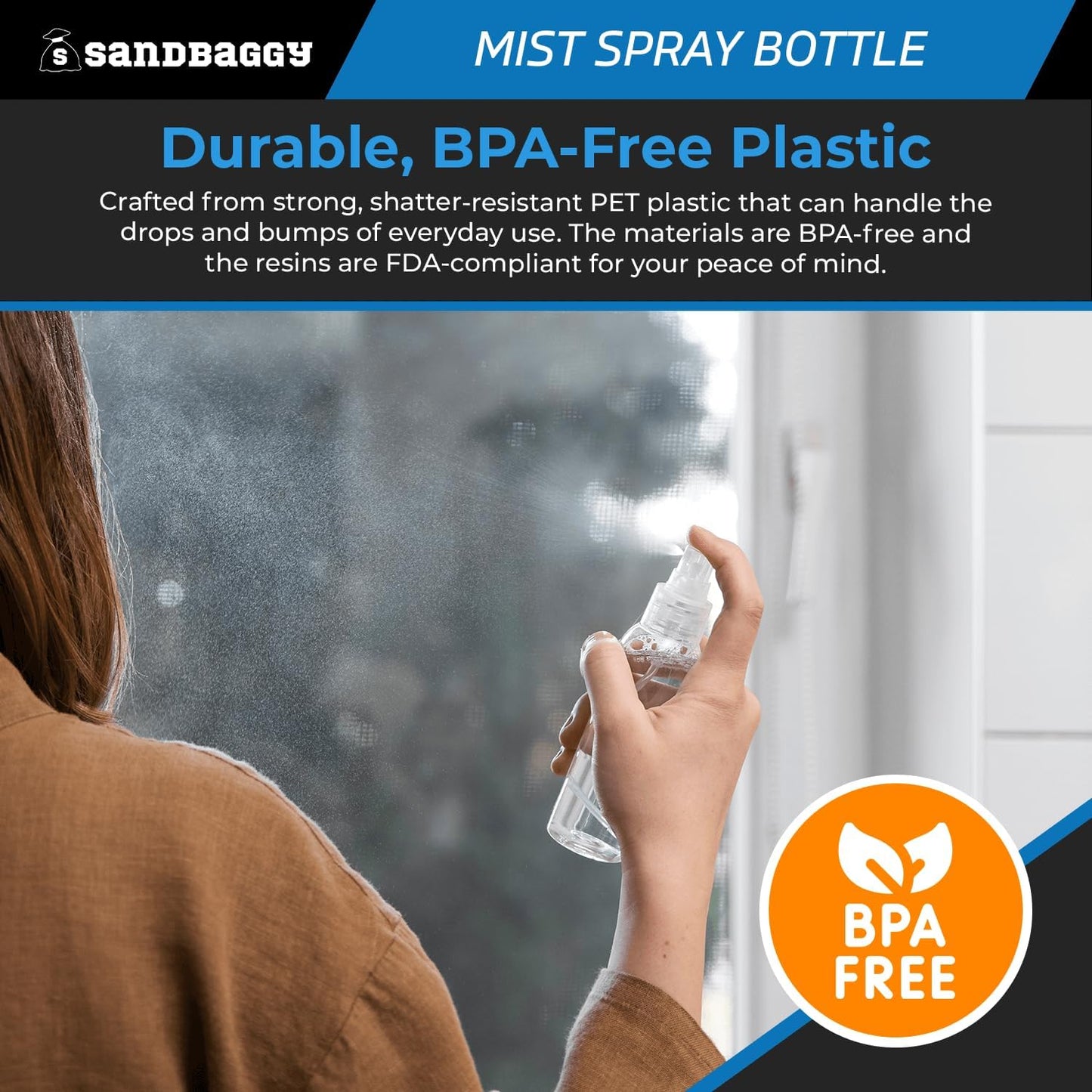 Sandbaggy 2 oz Plastic Spray Bottle | Fine Mist Sprayer | Clear, Transparent, Cylinder Shape | BPA Free (100)