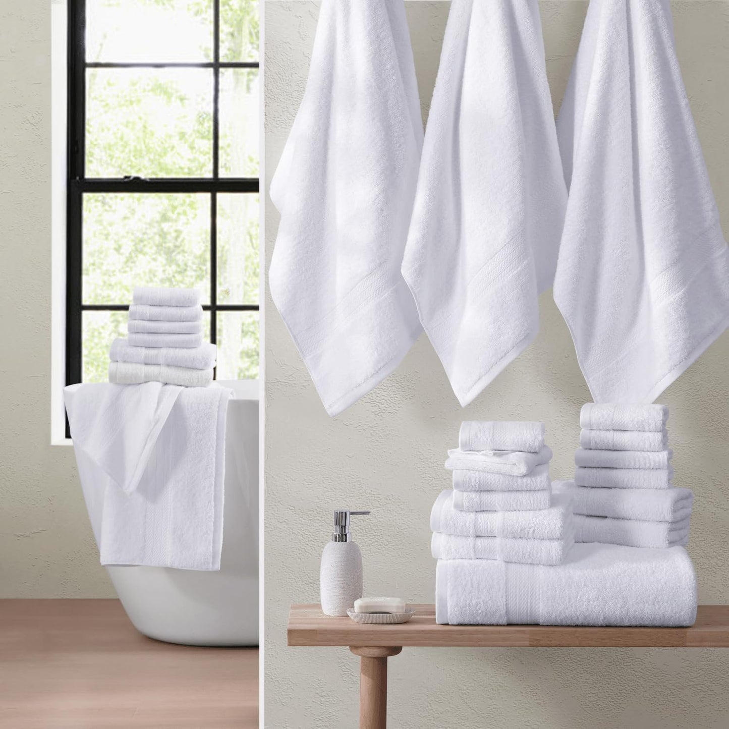 LANE LINEN 24 Piece Bathroom Towels – 100% Cotton Bath Towels Set, Quick Dry, Durable & Absorbent, 2 Bath Sheets, 4 Fingertip, 4 Bath, 6 Hand Towel & 8 Washcloths, Comfort Made for Family – White
