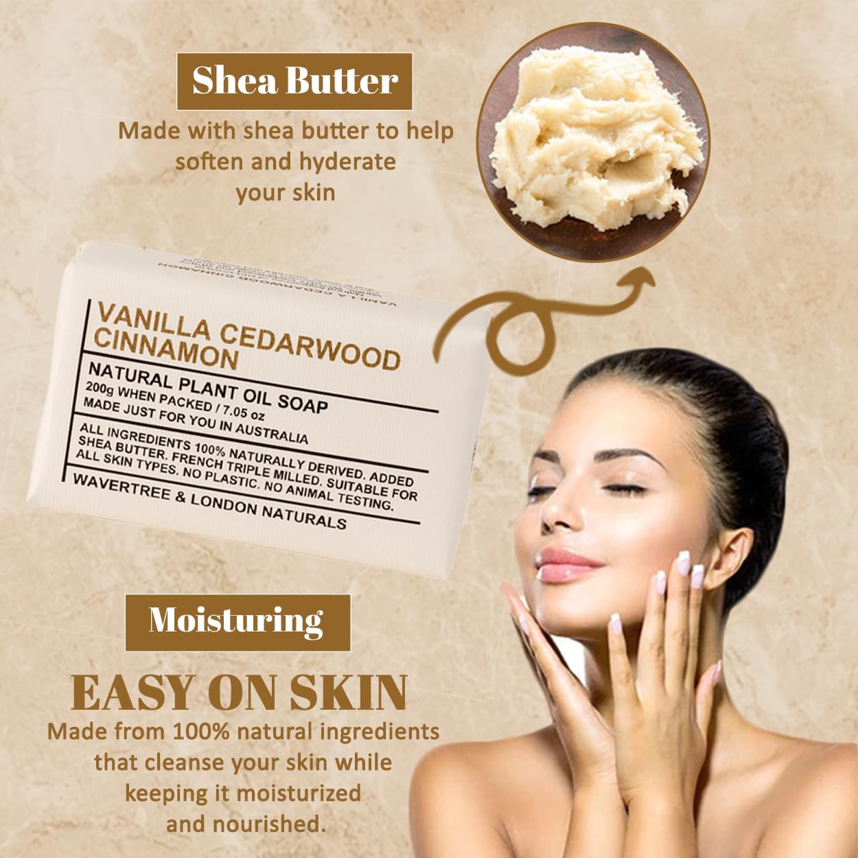 Wavertree & London Vanilla, Cedarwood, & Cinnamon Scented 100% Natural Soap Bar, 7oz Moisturizing French Triple Milled Soap Bar for Women & Men enriched with shea butter - Pure Bath & Body soap bar