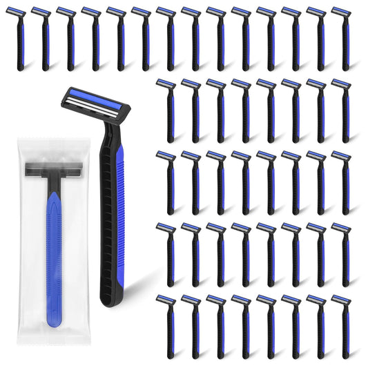 Disposable Twin Blade Razors in Bulk, Individually Wrapped - Clear Safety Cap, For Homeless, Hotel, Airbnb, Travel (pack of 50,blue)
