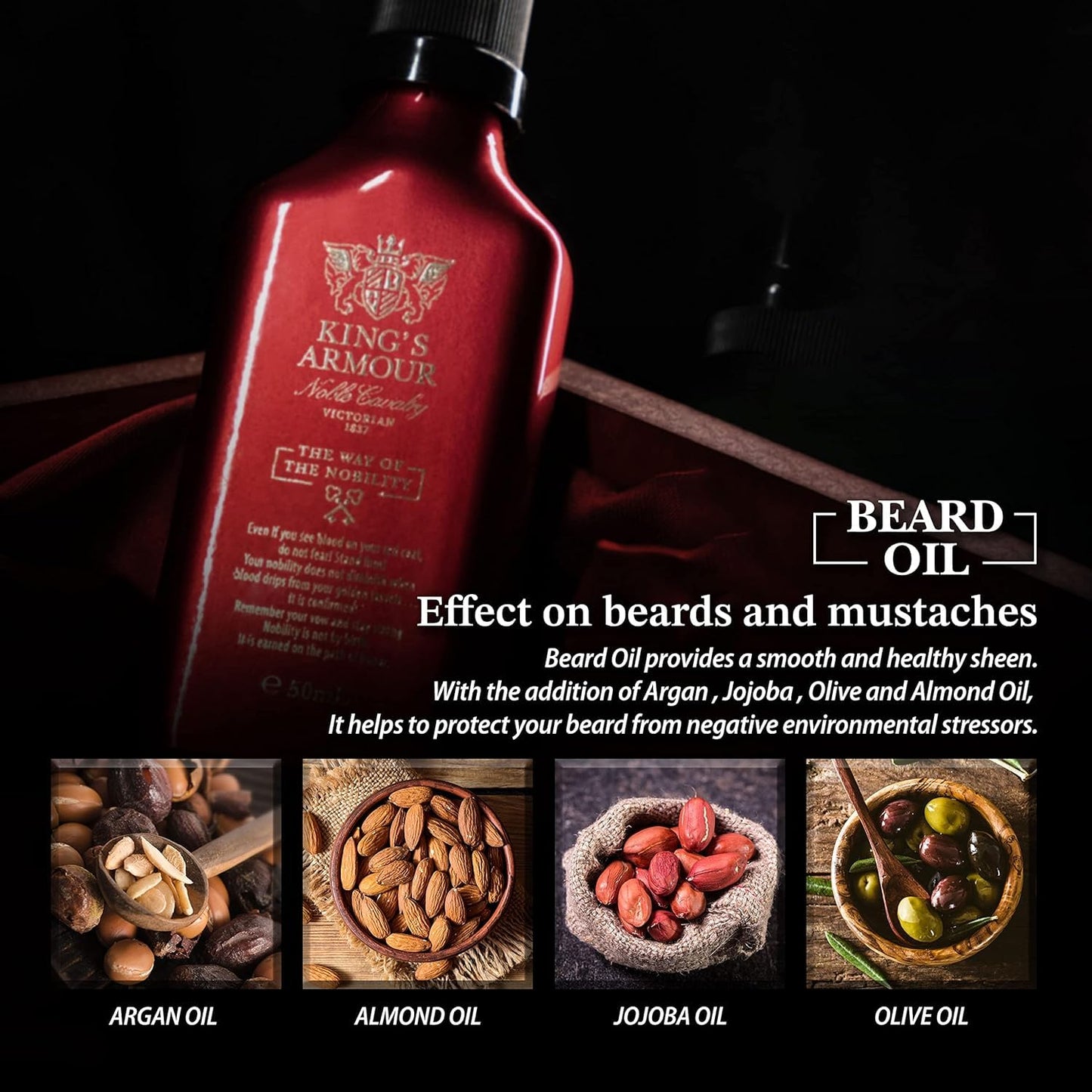 King's Armour Nourishing Beard Oil for Men | Argan, Jojoba, Almond & Olive Oils | Soften, Strengthen & Add Shine | Royal Beard Elixir – 50 ml (1.69 Fl Oz)