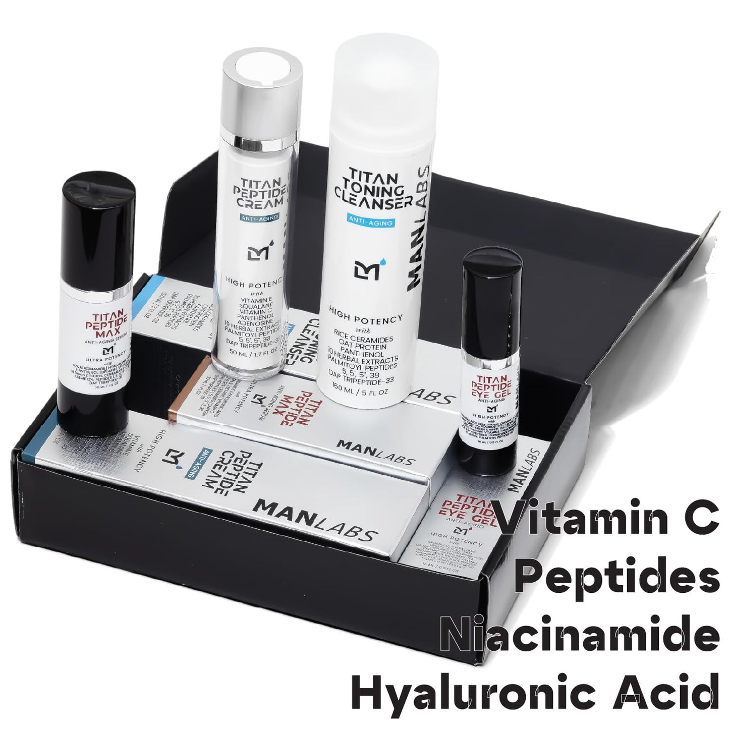 Titan Oscar Anti-Aging Mens Skin Care Kit – Wash, Face Serum, Eye Cream, Mens Face Moisturizer – Men, Skin Care Set – Dark Circles, Wrinkles, Fine Lines – Vitamin C, Peptides, Niacinamide, HA