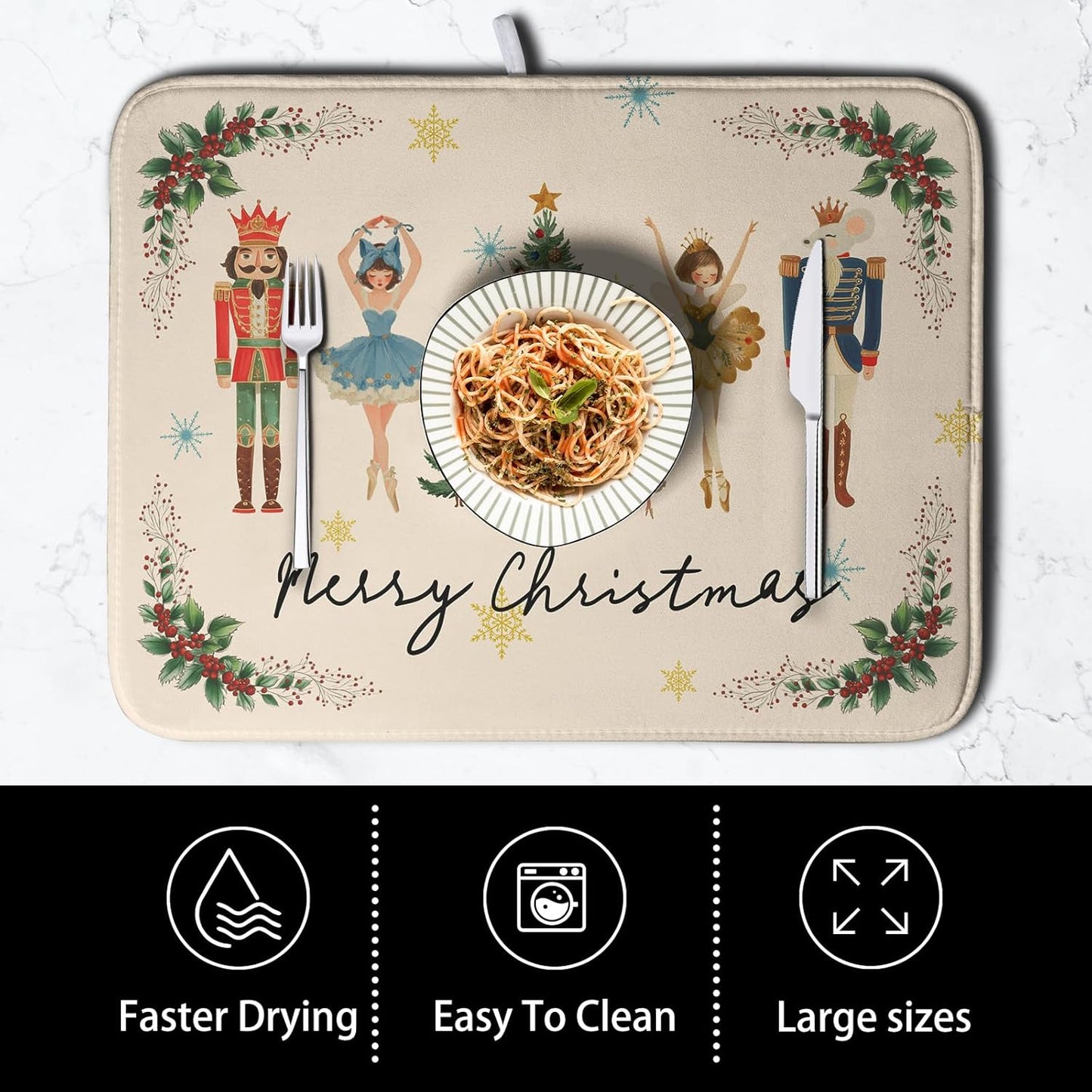 Merry Christmas Nutcracker Dish Drying Mat for Kitchen Counter 16x18 Inch Winter Xmas Tree Snowflakes Drying Mats Microfiber Absorbent Dish Drainer Washable Dish Rack Pad for Sink Coffee Bar