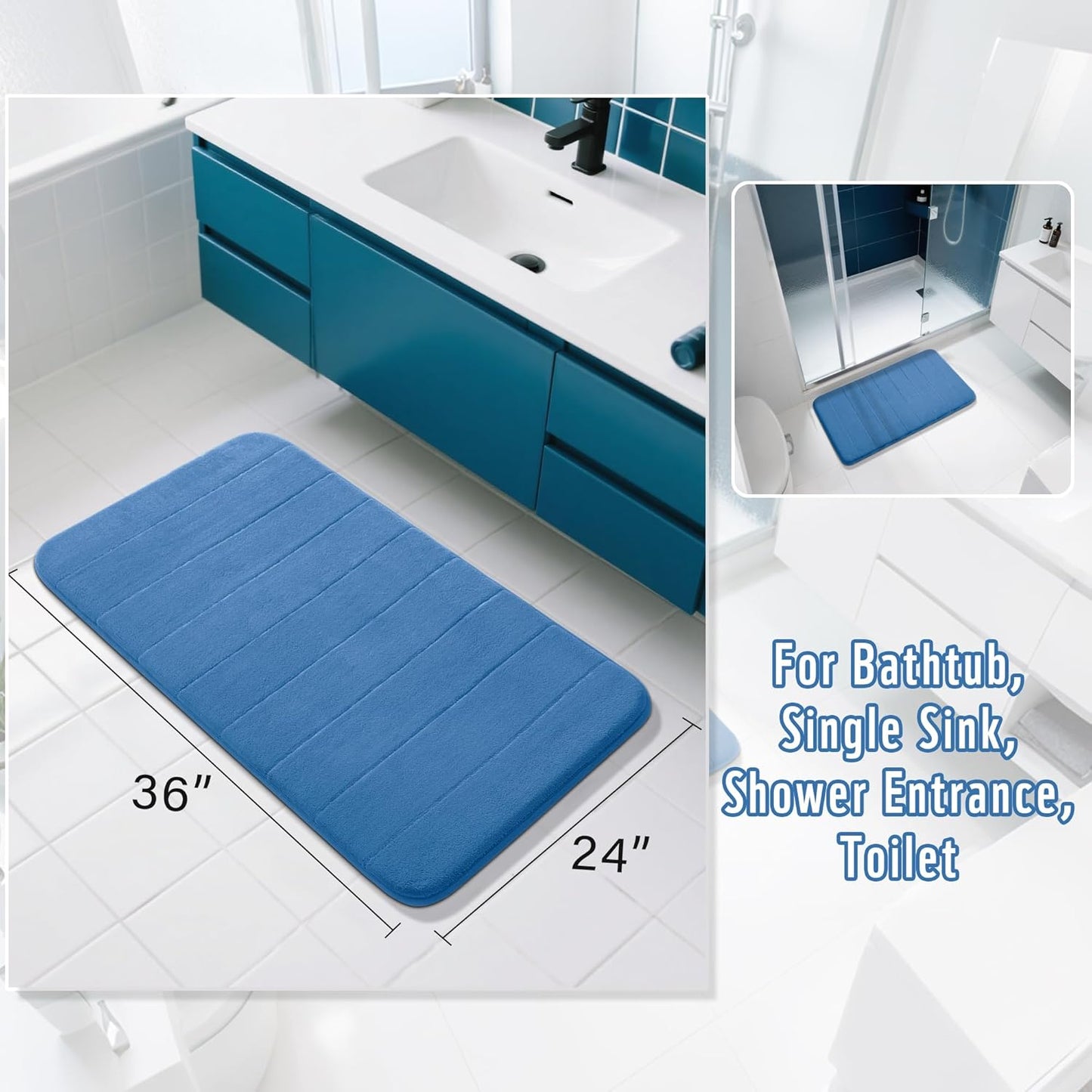 Yimobra Large Bath Mat 36"x24", Super Soft Quick Dry Memory Foam Bathroom Rug, Water Absorbent, Non Slip Backing Machine Washable for Tub Shower, Thick Comfort Support, Blue