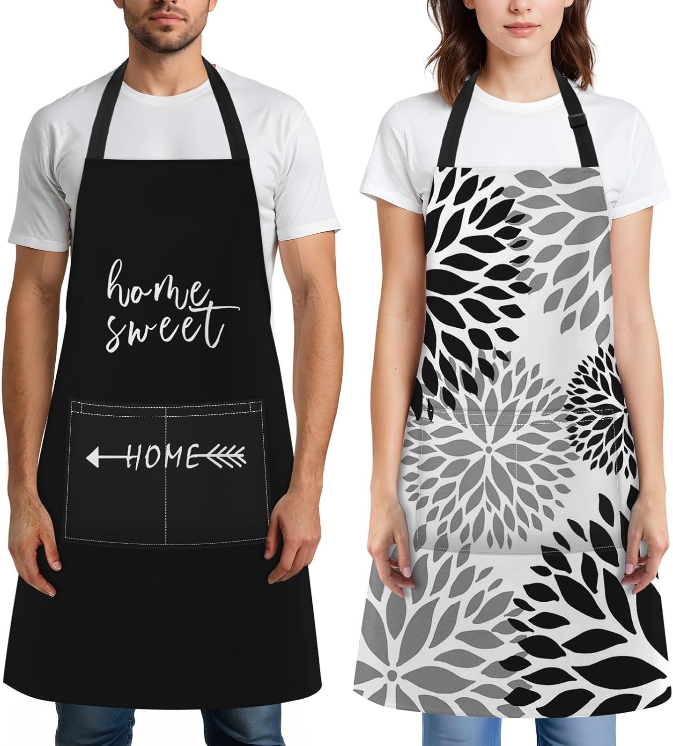 Britimes 2 Pack Aprons, Black Dahlia Flower Adjustable Bib Aprons with 2 Pockets for Women Men Couple Lovers Chef Kitchen Cooking Baking Gardening Home Sweet Apron 32x28 Inches