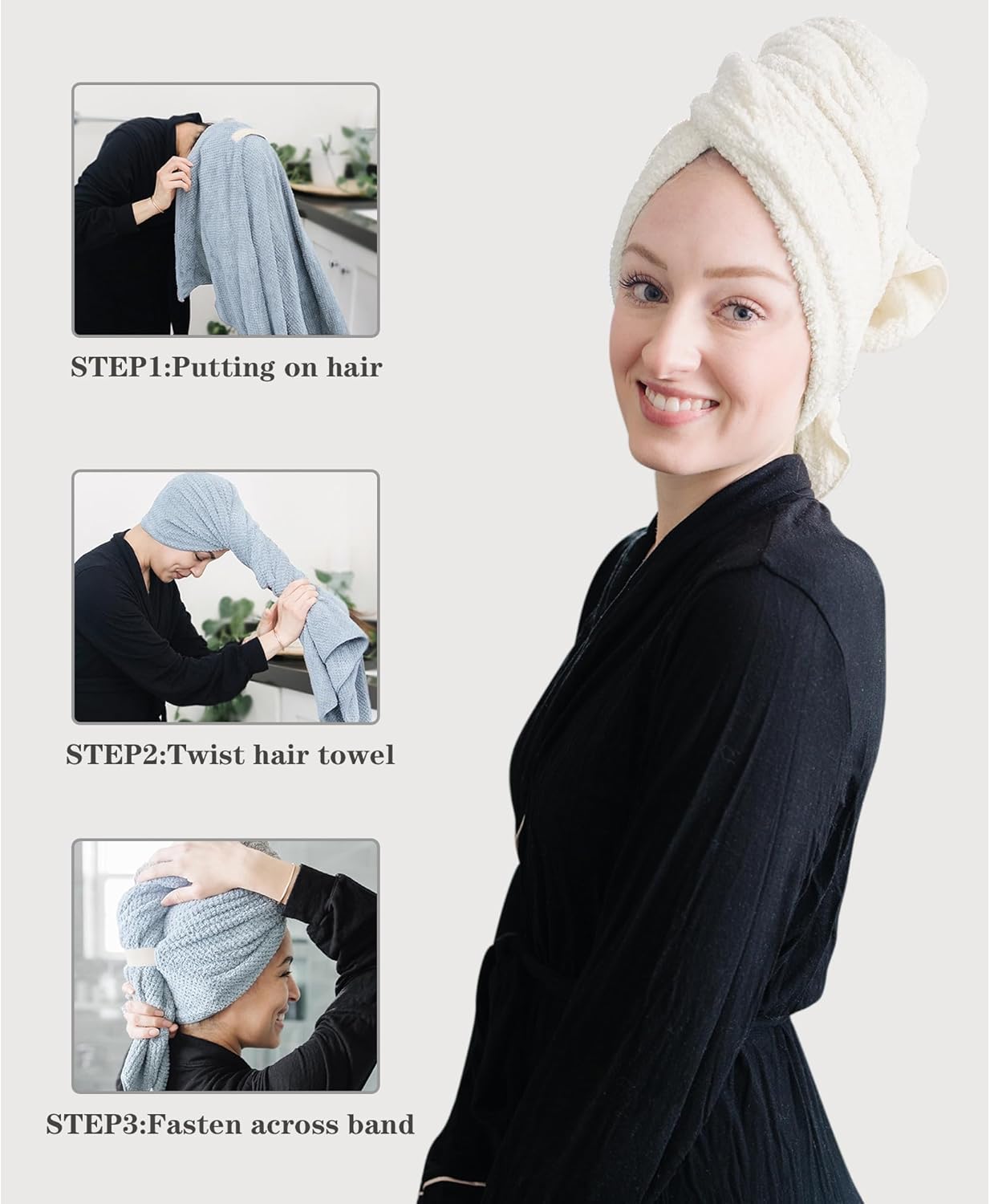 2 Packs Large Microfiber Hair Towels for Women, Super Absorbent & Quick Dry Hair Towel Wrap for Curly Hair Long & Short Hair- Anti-Frizz Hair Turbans for Wet Hair (Blue/White) - 27.5''*39.4''